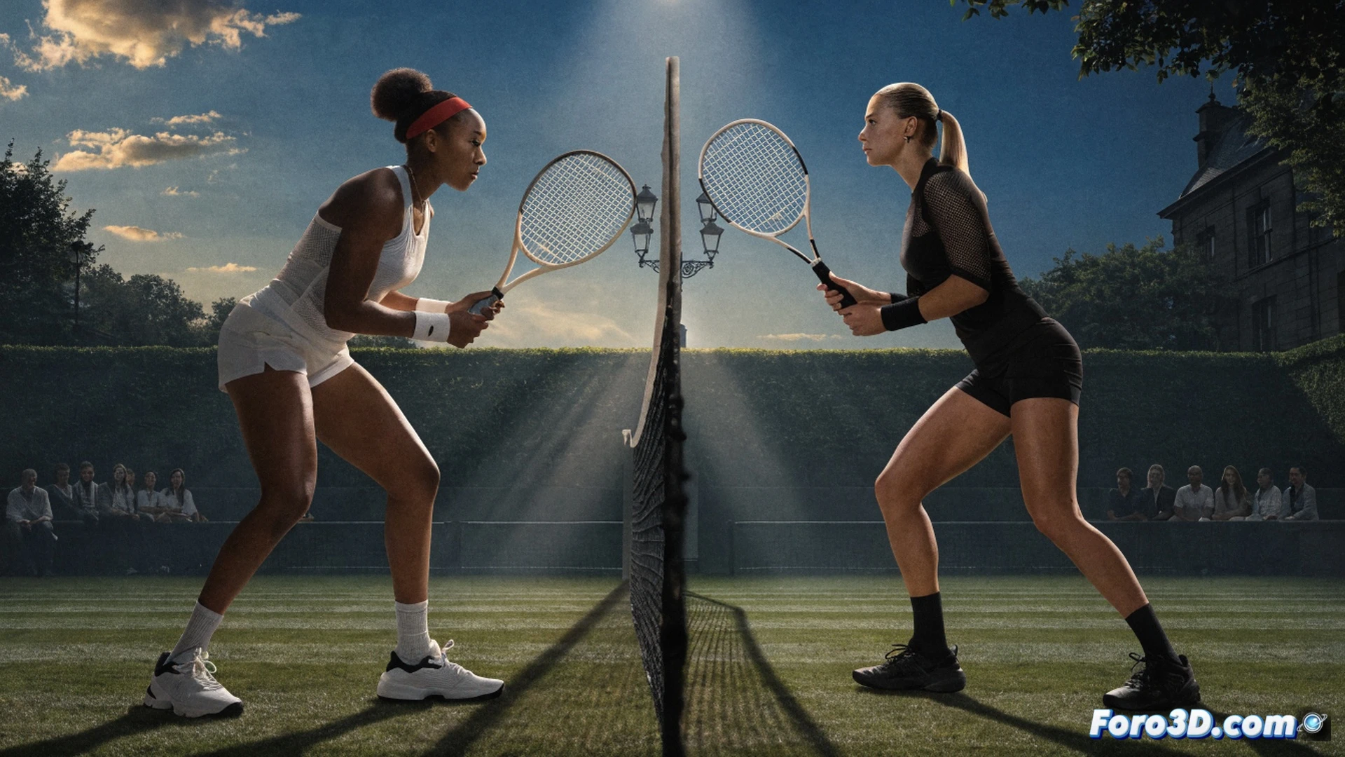 Naomi Osaka en posición de devolución sobre hierba verde, raqueta preparada para un golpe bajo mientras la pelota rebota en el césped londinense, bote rápido y bajo visible, al fondo Aryna Sabalenka en movimiento tras su saque, marcador electrónico mostrando sets 0-0, pasto con marcas de pisadas, luz natural de estadio con sombras nítidas, estilo cinematográfico fotorrealista, acción congelada en el momento del impacto, color saturado y contraste dramático, profundidad de campo limitada, hierba texturizada con detalle técnico de cancha de Wimbledon
