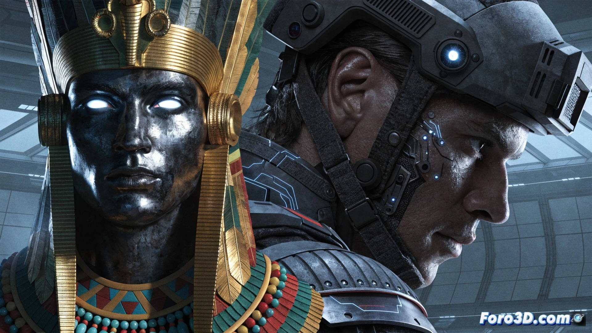 ancient Egyptian-themed superhero Osiris mid-air combat pose, glowing golden ankh staff raised, mystical hieroglyphic energy rings expanding from his chest, shattered government lab equipment floating in zero gravity behind him, cracked concrete floor with embedded fiber-optic cables, holographic computer terminals displaying fragmented DNA helix and classified file overlays, dark metallic containment chamber walls with scorch marks, cinematic action freeze-frame, particles of sand and glass suspended in air, dramatic blue and amber rim lighting, photorealistic digital painting, hyper-detailed costume texture with linen wrappings and gold armor plates, motion blur on trailing magical energy streams