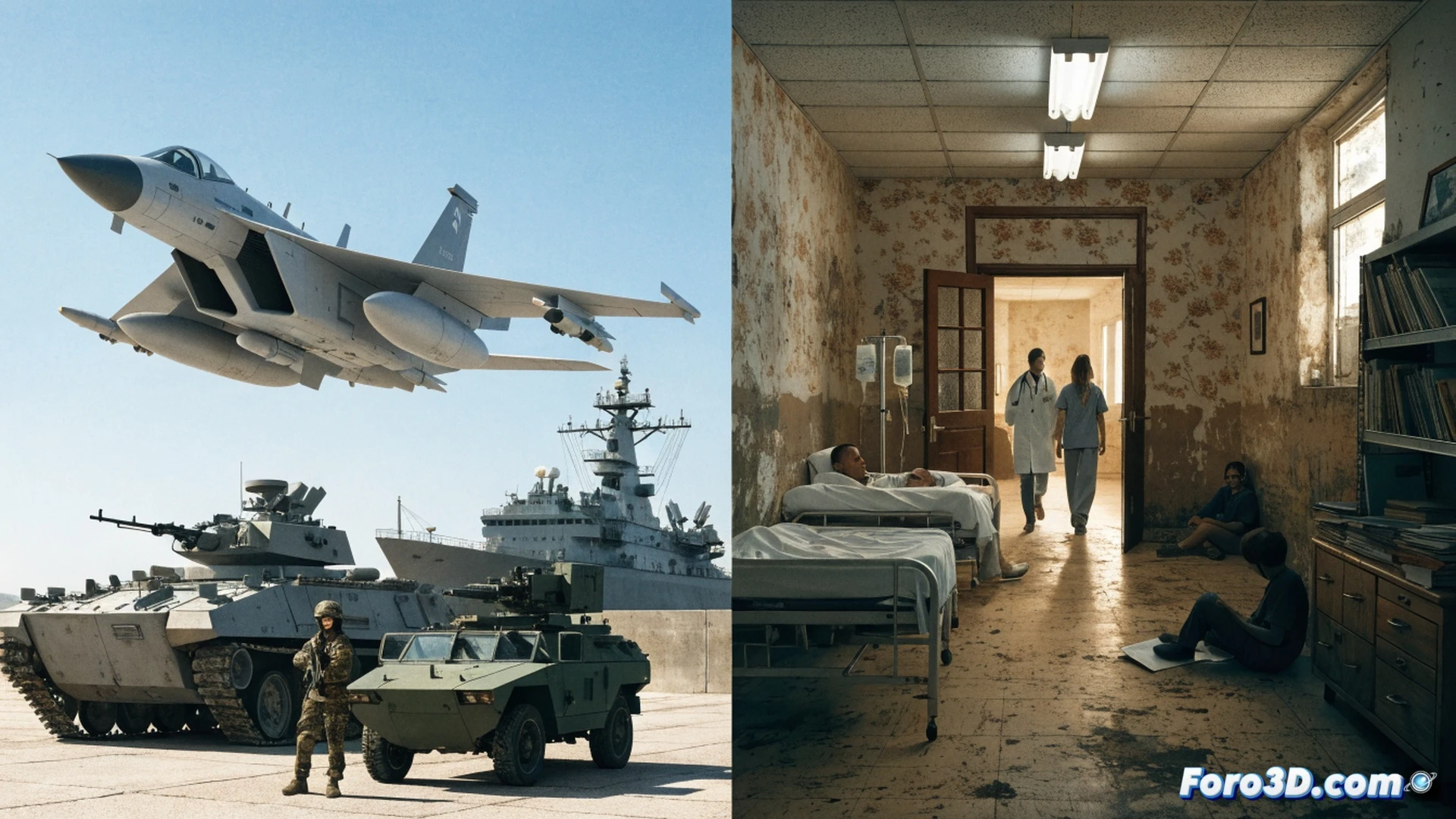 Photorealistic cinematic scene of a European hospital corridor with empty beds and dimmed lights, a doctor holding a disconnected stethoscope beside a broken vital signs monitor, while through a window in the background a shiny military tank rolls past a schoolyard with no teachers visible, contrast between cold metallic armor and neglected medical equipment, dramatic chiaroscuro lighting, dust particles floating in stale air, ultra-detailed textures on worn linoleum floor and cracked wall tiles, technical visualization of budget allocation imbalance, emotional tension captured in the stillness