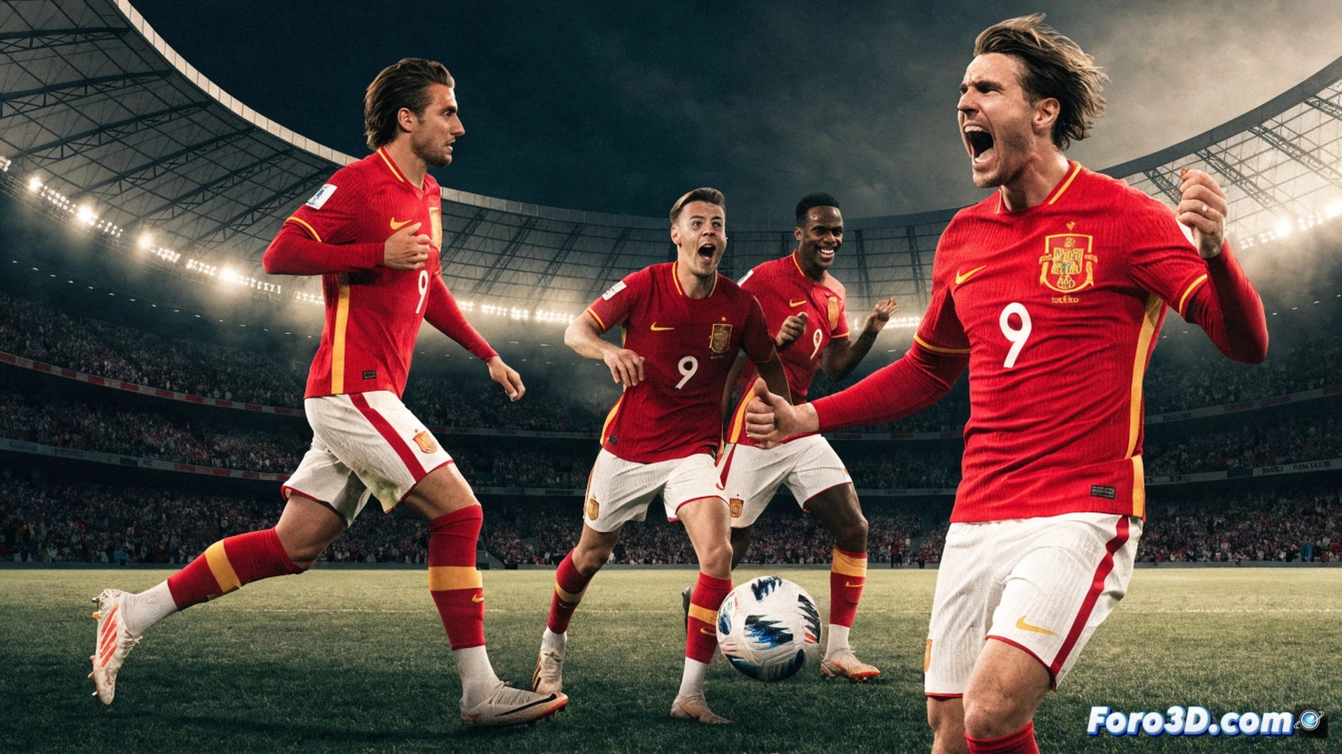 Mikel Oyarzabal celebrando con compañeros de España tras marcar gol, balón en red dentro de portería con efecto de impacto, estadio lleno de aficionados ondeando banderas rojas, banquillo técnico con tabletas táctiles mostrando datos tácticos en tiempo real, entrenador señalando diagrama de formación en pantalla, acción congelada durante el festejo, mostrando trabajo colectivo y sincronización del equipo, estilo cinematográfico photorealistic, iluminación dramática de estadio nocturno, profundidad de campo reducida, detalles de sudor y textura de césped, alta definición técnica