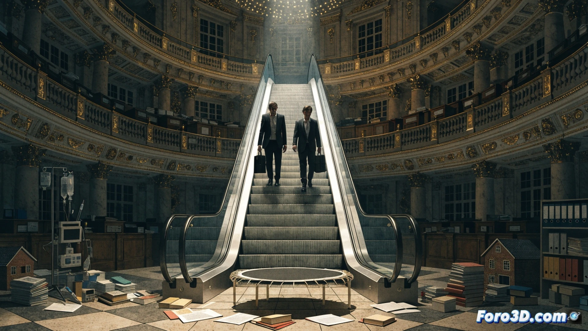 Andalusian regional government building entrance, two politicians shaking hands while a third figure in the background points toward a distant Madrid skyline, a broken hospital stretcher and a cracked house model lie abandoned on the steps, cinematic political illustration, dramatic low-angle shot, overcast sky casting long shadows, worn marble floor reflecting faint light, photorealistic technical render, sharp contrast between polished suits and decaying public infrastructure, tension visible in body language, hyper-detailed textures of stone and metal