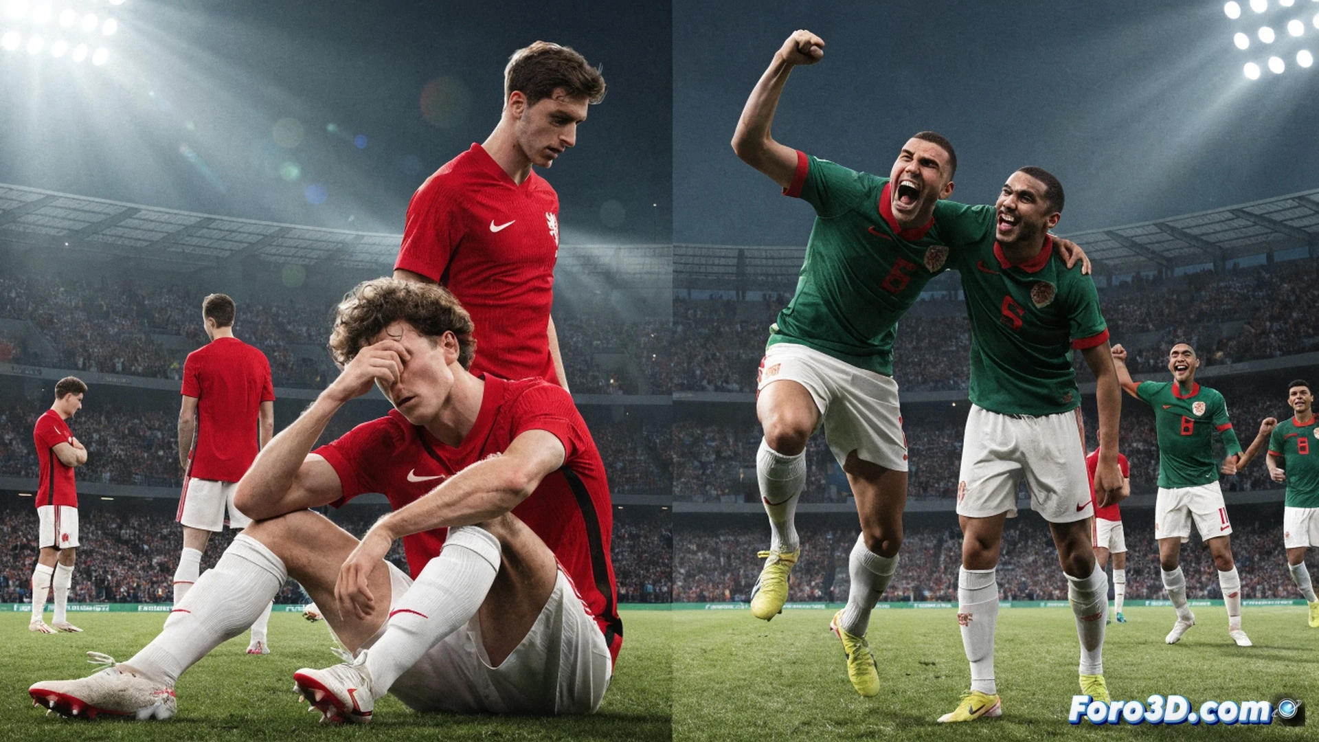 Penalty kick in high-stakes match, Netherlands goalkeeper diving left while Morocco player strikes ball into opposite corner, ball mid-flight with motion blur, stadium floodlights casting dramatic shadows on grass, crowd tension visible in blurred background, cinematic sports photography style, ultra-detailed turf texture, sweat droplets on players faces, dynamic action freeze-frame, photorealistic technical render