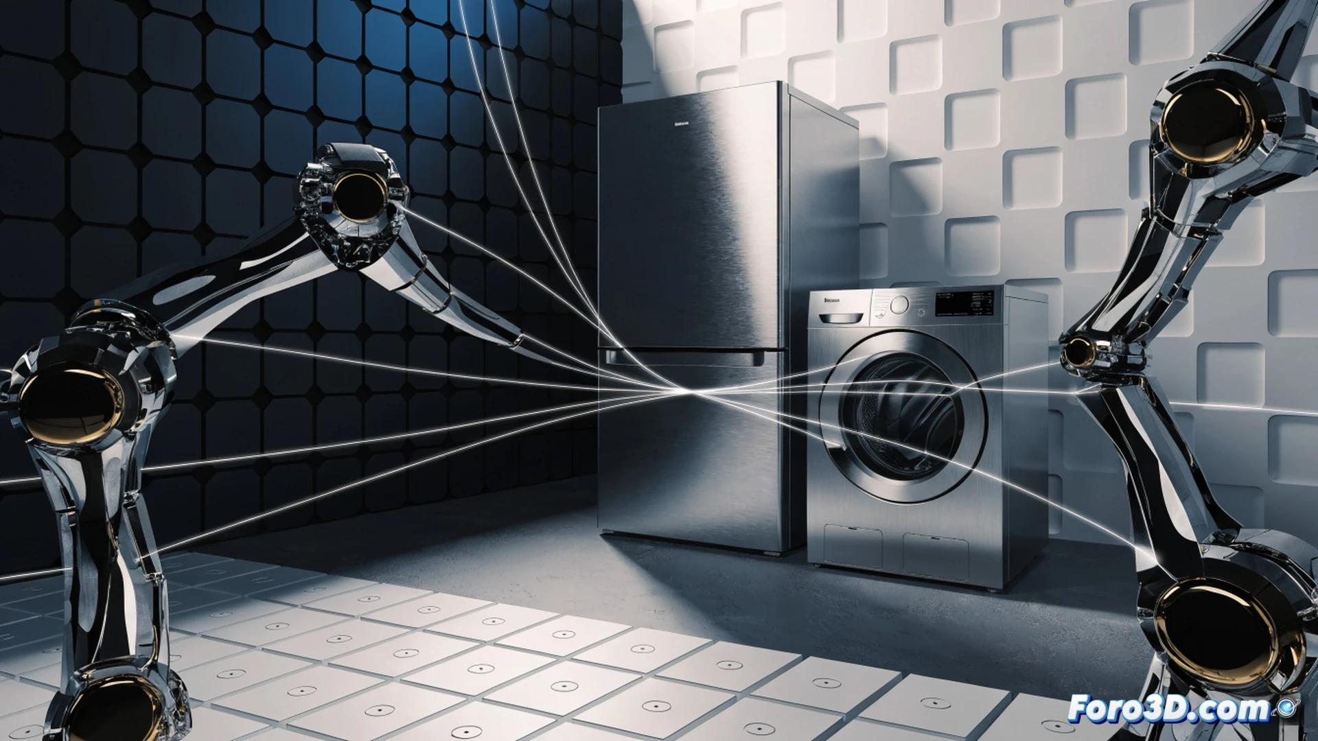 Panasonic smart home AI system in action, robotic vacuum navigating around furniture while AI chip embedded in wall panel glows blue, household appliances communicating via wireless data streams, energy consumption graphs displayed on transparent holographic screen, modern Japanese living room setting, cinematic engineering visualization, sleek metallic surfaces, dynamic lighting with cool blue and warm white tones, photorealistic technical illustration, motion blur on robot cleaner, glowing circuit traces visible through translucent device casings