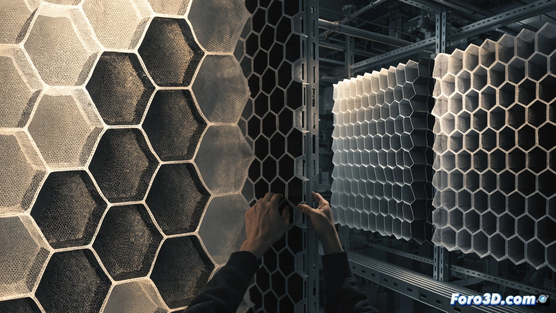 industrial workshop scene, technician holding a hexagonal honeycomb panel made from recycled polypropylene, panel texture showing woven fishing net fibers embedded in translucent plastic, sound absorption testing setup with decibel meter and speaker array in background, acoustic foam wedges partially visible, panel being inserted into a machine room wall cavity, bright overhead workshop lighting casting sharp shadows, technical illustration style, photorealistic engineering visualization, clean metallic tools on workbench, dust particles suspended in air, detailed cross-section of honeycomb structure visible, industrial safety gear on table