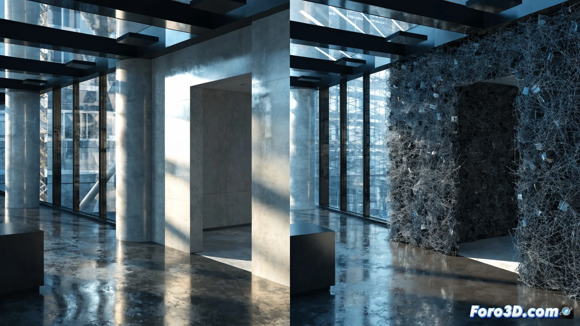 Modular acoustic panel made of recycled PET bottle fibers being installed on a bare plaster wall, dense white fibrous texture visible, sound waves hitting the panel surface and breaking into smaller dissipating ripples, worker positioning the panel with mounting brackets, measuring laser emitting a red line for alignment, adjacent panels showing staggered seam pattern, soft diffused studio lighting, clean minimalist interior, photorealistic architectural visualization, dust particles frozen mid-air near the panel edge, technical illustration style with precise material detail