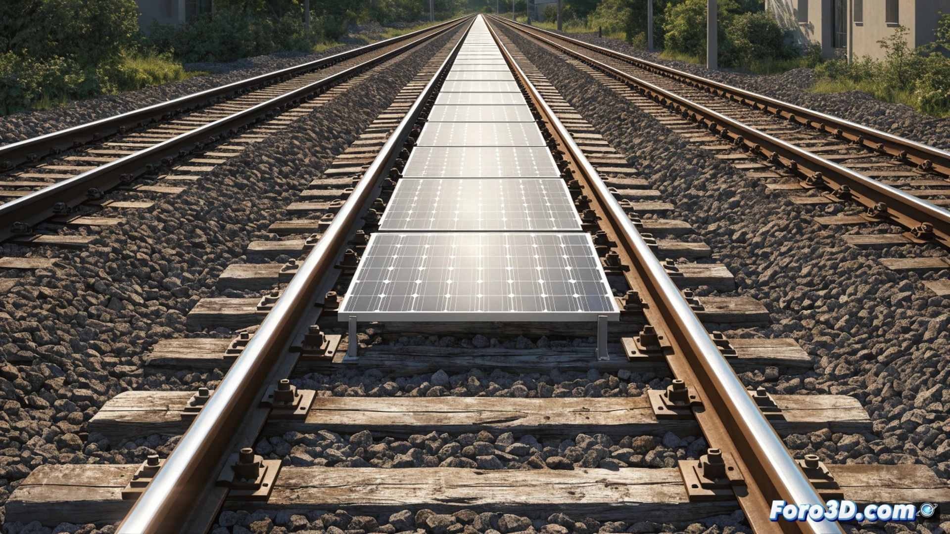 close-up view of railway track with removable solar panels installed between rails, train wheels passing directly over panels without contact, panel surface showing photovoltaic cells and anti-slip texture, metallic rail edges and gravel ballast visible, sunlight casting sharp shadows on panels, cinematic engineering visualization, photorealistic industrial lighting, ultra-detailed rail infrastructure, clean energy technology demonstration, Swiss alpine landscape background with mountains and green hills, dynamic action of train approaching, technical illustration style, high-contrast metallic reflections, precise geometric alignment of solar modules
