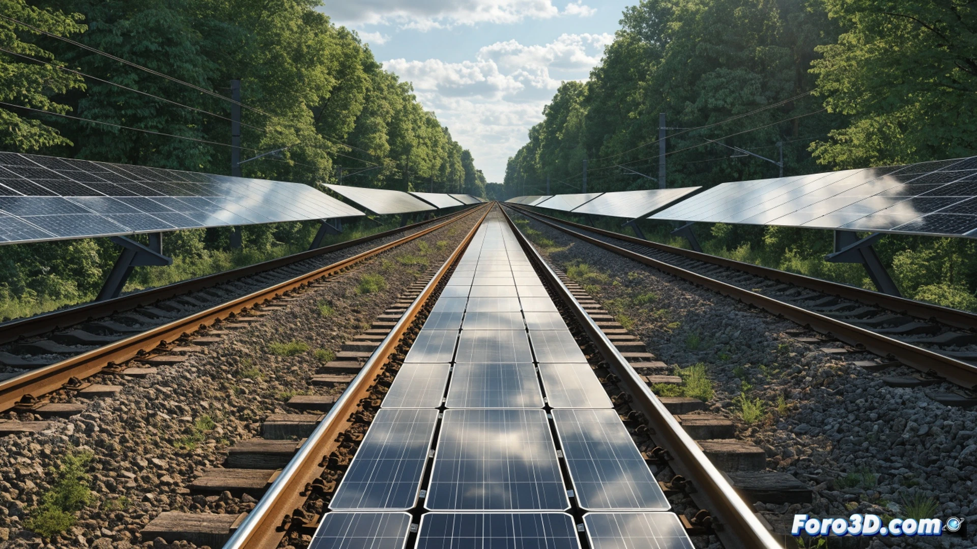 Modular solar panels being installed between railway tracks by two technicians in safety vests, one kneeling to connect electrical wiring to a junction box while the other adjusts a clamp tool, train approaching in background with motion blur, sunlight reflecting off black photovoltaic cells, gravel ballast and steel rails framing the scene, open green field stretching beyond, dramatic contrast between industrial infrastructure and natural landscape, photorealistic engineering visualization with sharp technical details, bright daylight casting long shadows, ultra-realistic metal and glass textures