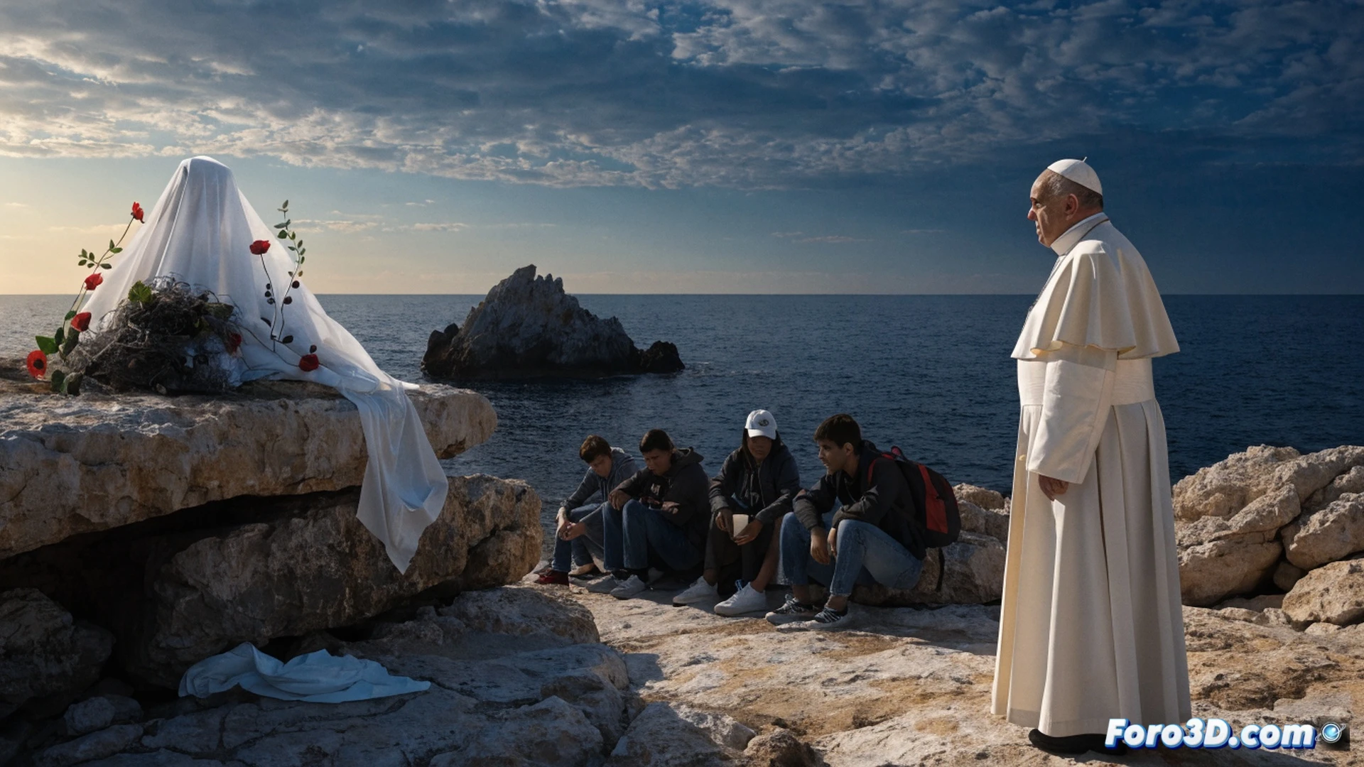 photorealistic cinematic scene at Lampedusa harbor, Pope Francis standing on a wooden dock near a small boat, his white cassock contrasting with the dark sea, a group of rescued migrants huddled together on the shore, a child holding a life jacket, a broken metal rudder lying on the rocks, waves crashing against the pier, dramatic overcast sky, soft golden light breaking through clouds, emotional human interaction, documentary-style composition, realistic textures of salt-stained ropes and weathered boat hull, wide-angle lens perspective, deep blue Mediterranean water, somber atmosphere, ultra-detailed facial expressions, photorealistic technical render