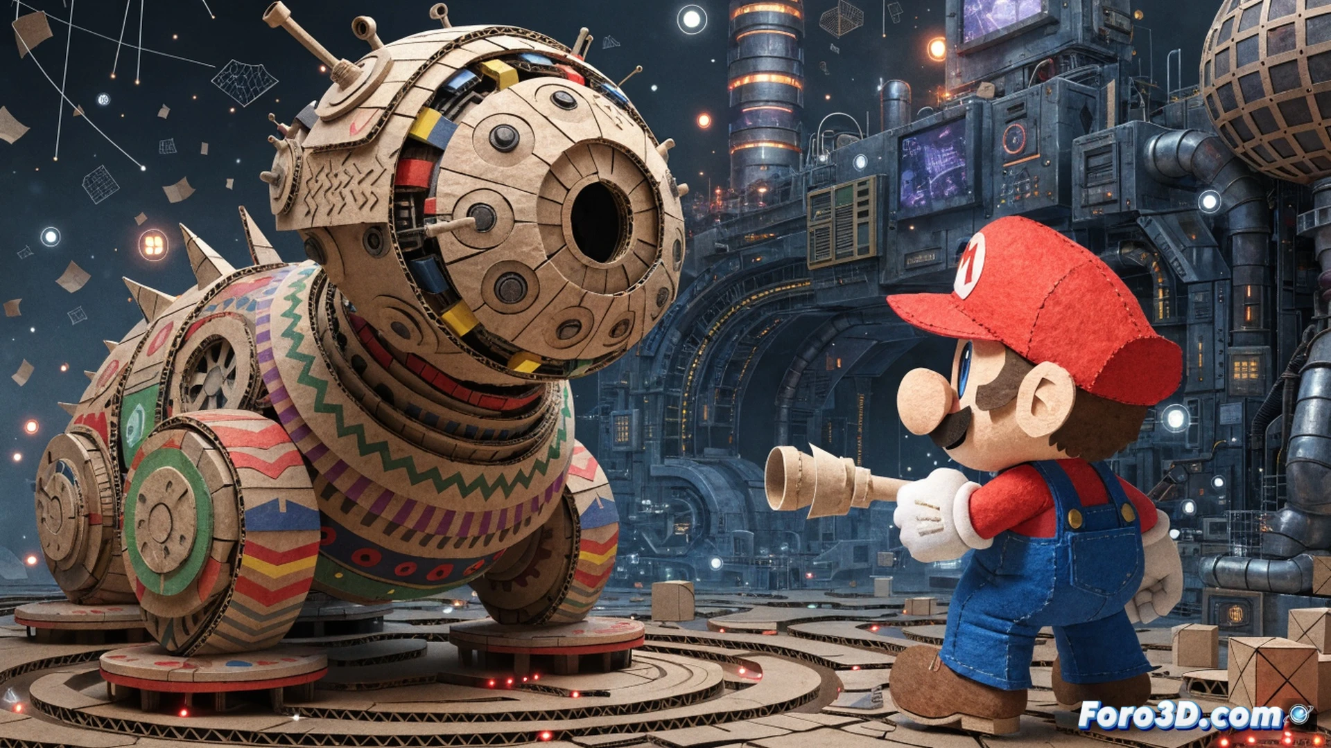 Paper Mario world being rebuilt inside game engine editor, transparent wireframe grid overlaying a 3D diorama scene, developers adjusting paper-thin textured geometry with digital tools, character models made of layered cardboard and felt materials, glowing polygon edges visible during real-time rendering process, photorealistic technical illustration style, dramatic studio lighting on a desk with tablet and stylus, high-tech workstation in background, ultra-detailed material simulation of paper fibers and fabric textures, cinematic engineering visualization