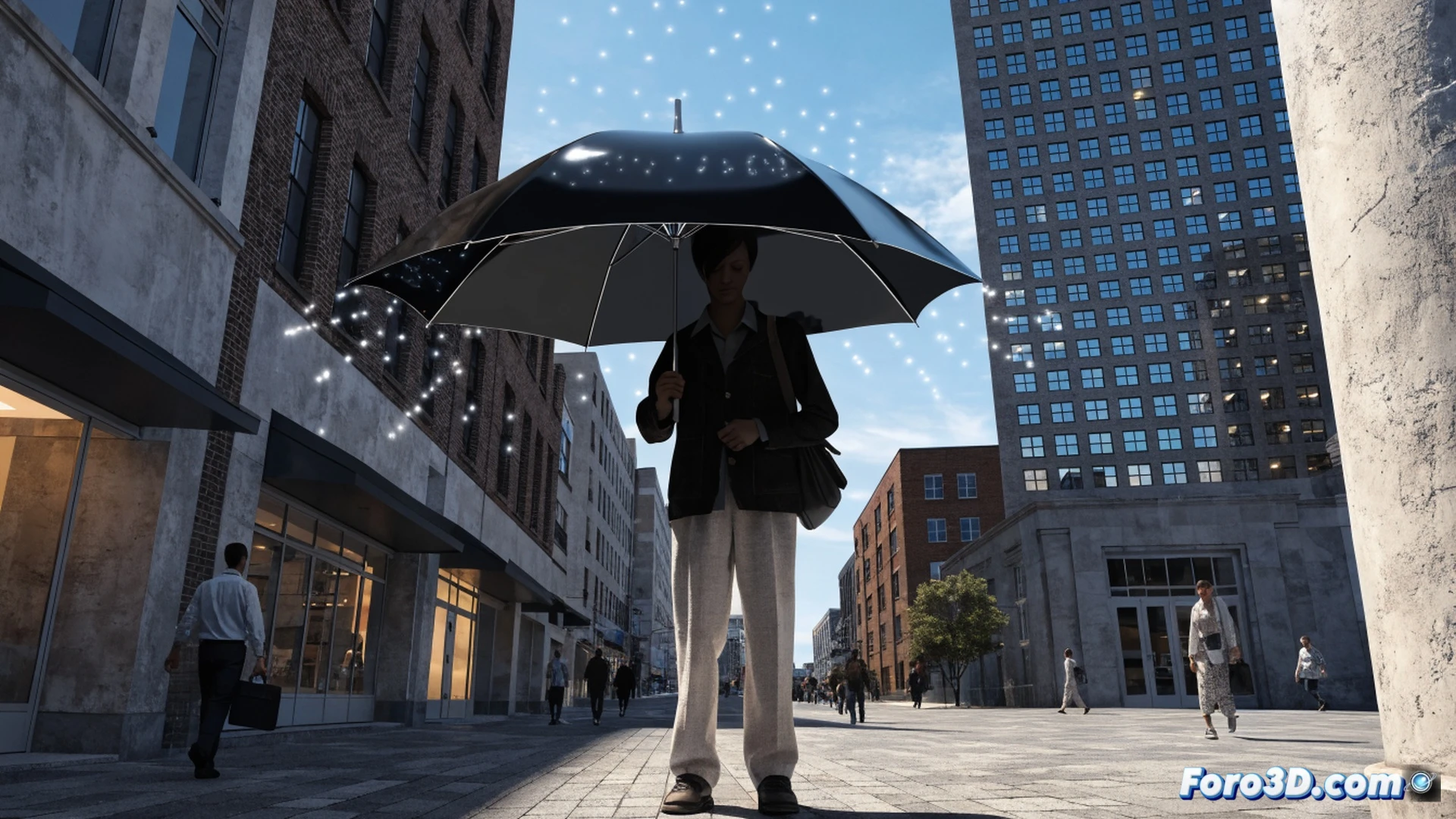 Urban street scene at midday, person holding a dark solar umbrella casting shadow on torso, while UV rays reflect off bright asphalt and glass building facade hitting exposed legs and arms from the side, split-view showing direct blocked rays versus bouncing radiation, technical illustration style, photorealistic engineering visualization, high contrast lighting, sun glare on pavement, umbrellas black fabric with metallic ribs, ghosted ray traces in amber and red indicating reflected UV paths, cinematic depth of field, sharp texture on concrete and skin