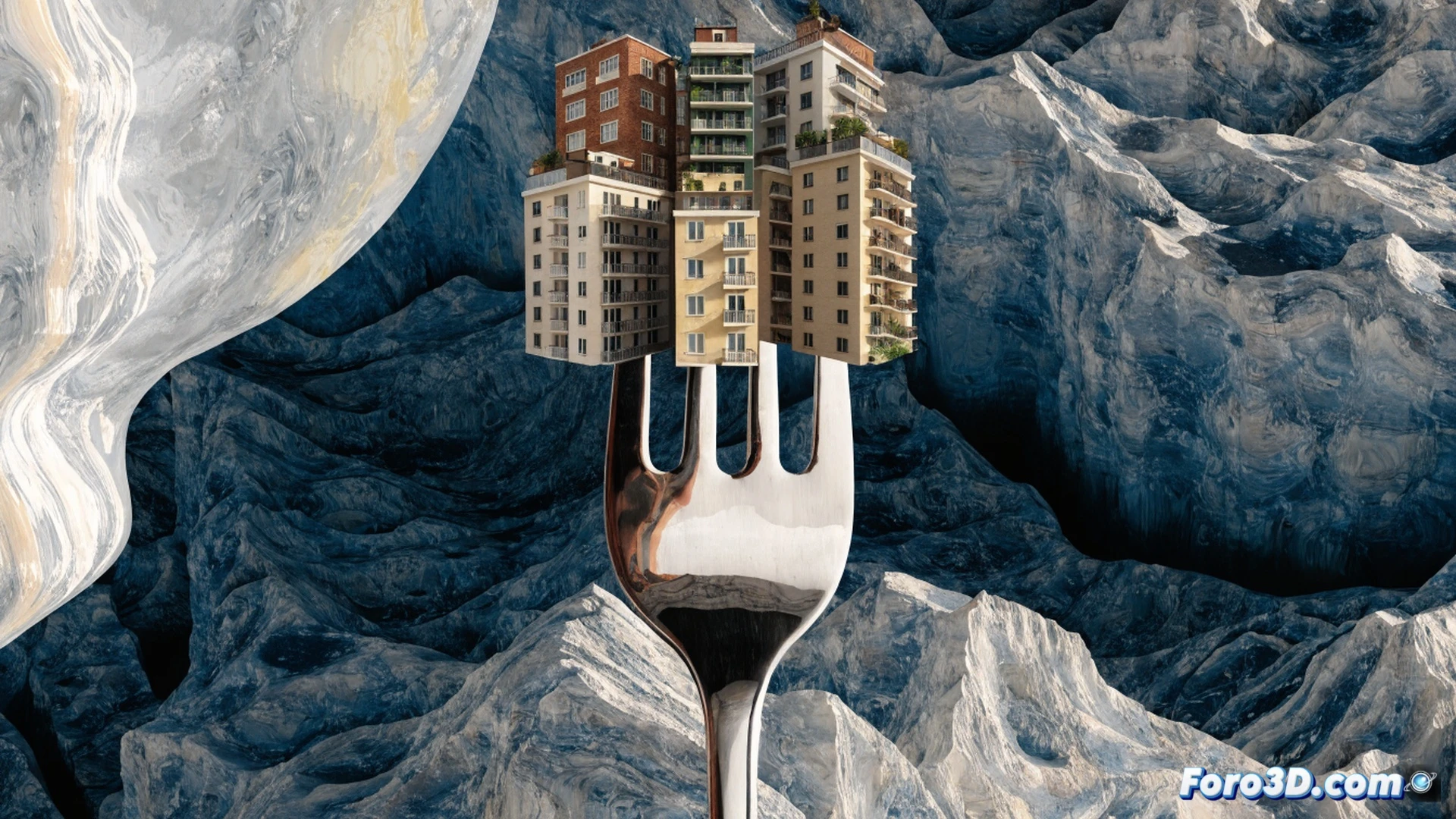 Aerial view of a large residential building with five small patchwork apartments on top, while a massive corporate tower with hundreds of identical windows looms in the background, a giant hand holding a tiny needle and thread attempting to sew a single patch onto the five apartments, the needle piercing through a fragile roof while ignoring the vast tower, contrasting scales of tiny repair versus massive unchecked growth, cinematic architectural visualization, dramatic shadow casting from the tower onto the patch, hyper-detailed urban textures, photorealistic render, wide-angle lens, sharp focus on the sewing action, blurred corporate structure in background