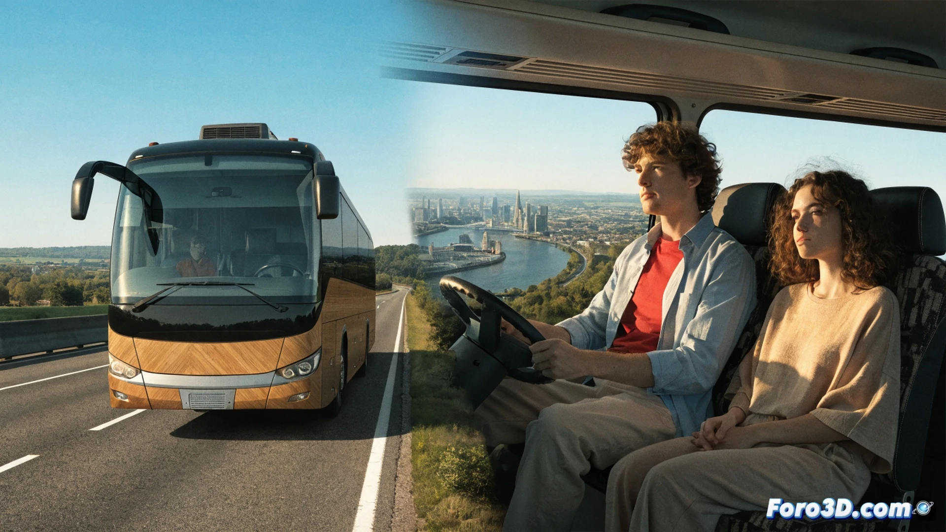 double-decker coach parked at a rural bus stop, a young woman in work clothes boarding with a reusable coffee cup, driver adjusting a digital fare display showing GBP 49.99, luggage compartment open revealing a laptop bag and travel mug, Stroud countryside visible in background, morning sunlight casting long shadows, photorealistic cinematic style, clean modern coach exterior with reflective windows, subtle motion blur on distant traffic, realistic textures on asphalt and gravel, warm natural lighting emphasizing affordable travel narrative