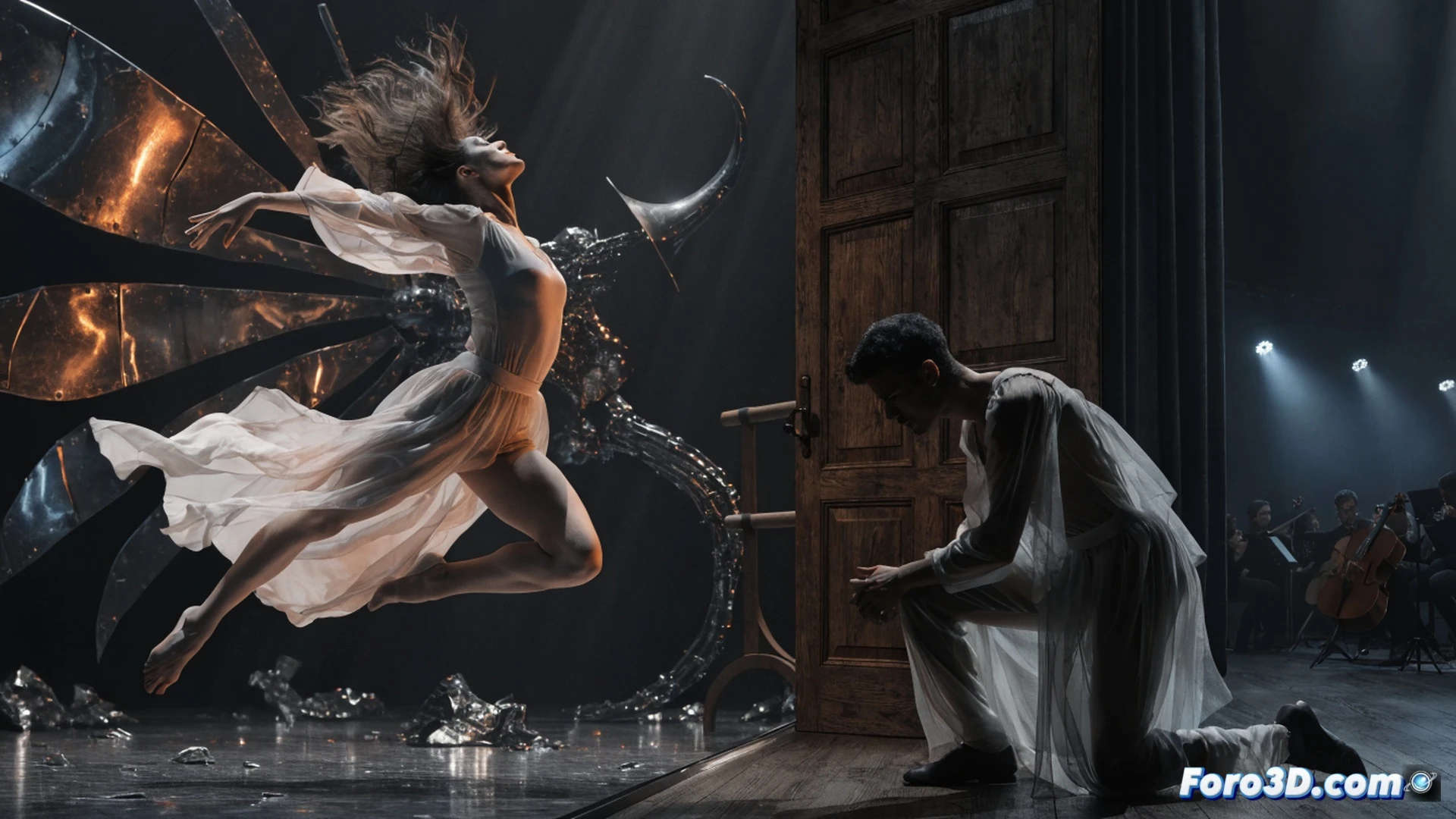 Escena teatral vacía del Teatro de la Zarzuela, bailarines profesionales en posición de danza pero inmóviles, sosteniendo carteles de protesta con pliegues visibles, foco de luz cenital sobre un escenario desierto, vestuario artístico colorido contrastando con fondo oscuro, partituras musicales y zapatillas de punta esparcidas en el suelo, mientras un telón entreabierto muestra instrumentos de orquesta apilados en silencio, iluminación dramática de spots laterales, estilo cinematográfico fotorealista, texturas de madera y terciopelo, sombras marcadas, composición simétrica, atmósfera tensa de parálisis y reivindicación.