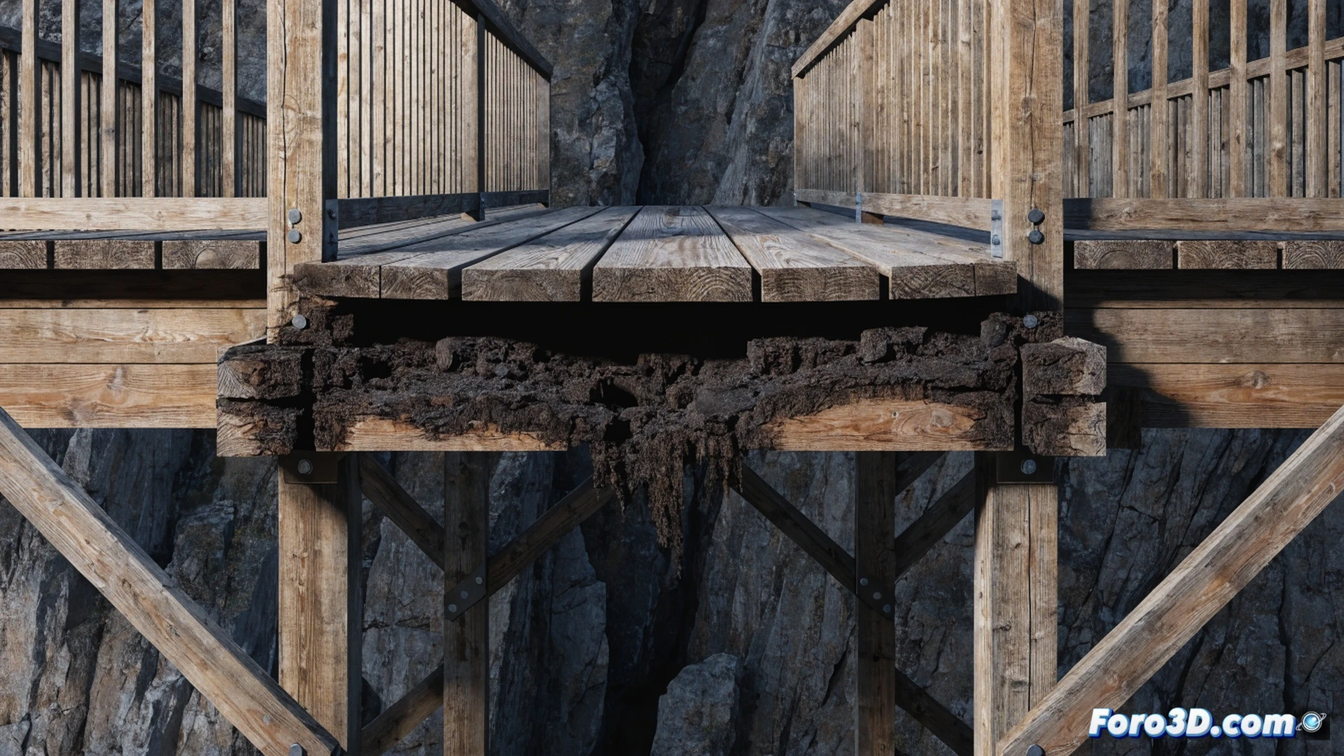 collapsed wooden footbridge with exposed laminated timber beams, cross-sections showing dark decay at end grains, moisture infiltration routes traced with translucent blue digital overlays, FARO 3D laser scanner positioned among debris capturing point cloud data, SAP2000 structural analysis model displayed on a rugged tablet showing stress redistribution before failure, forensic engineers in protective gear inspecting fracture surfaces, photorealistic technical illustration, dramatic forensic lighting with shadows emphasizing hidden rot, ultra-detailed wood grain and cracking, cinematic engineering visualization