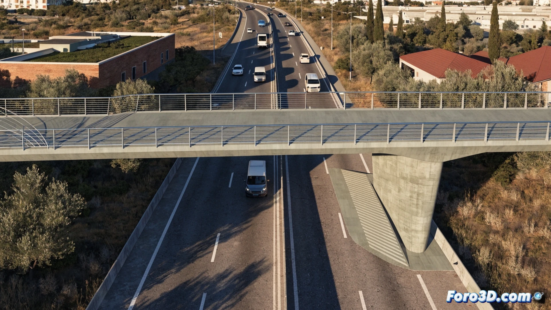 Photorealistic engineering visualization of a completed pedestrian-cyclist bridge over a busy highway, concrete ramps with accessibility railings, measuring 4.35 meters wide, workers removing test weights from the deck during load testing, a cyclist and pedestrian crossing safely above moving cars on the V-31, connecting l’Horta Sud greenery to Pinedo urban area, afternoon sunlight casting long shadows, metallic bridge structure with anti-slip surface, clear safety barriers, dramatic wide-angle perspective showing the entire span, cinematic industrial lighting, ultra-detailed infrastructure components, technical architectural render.