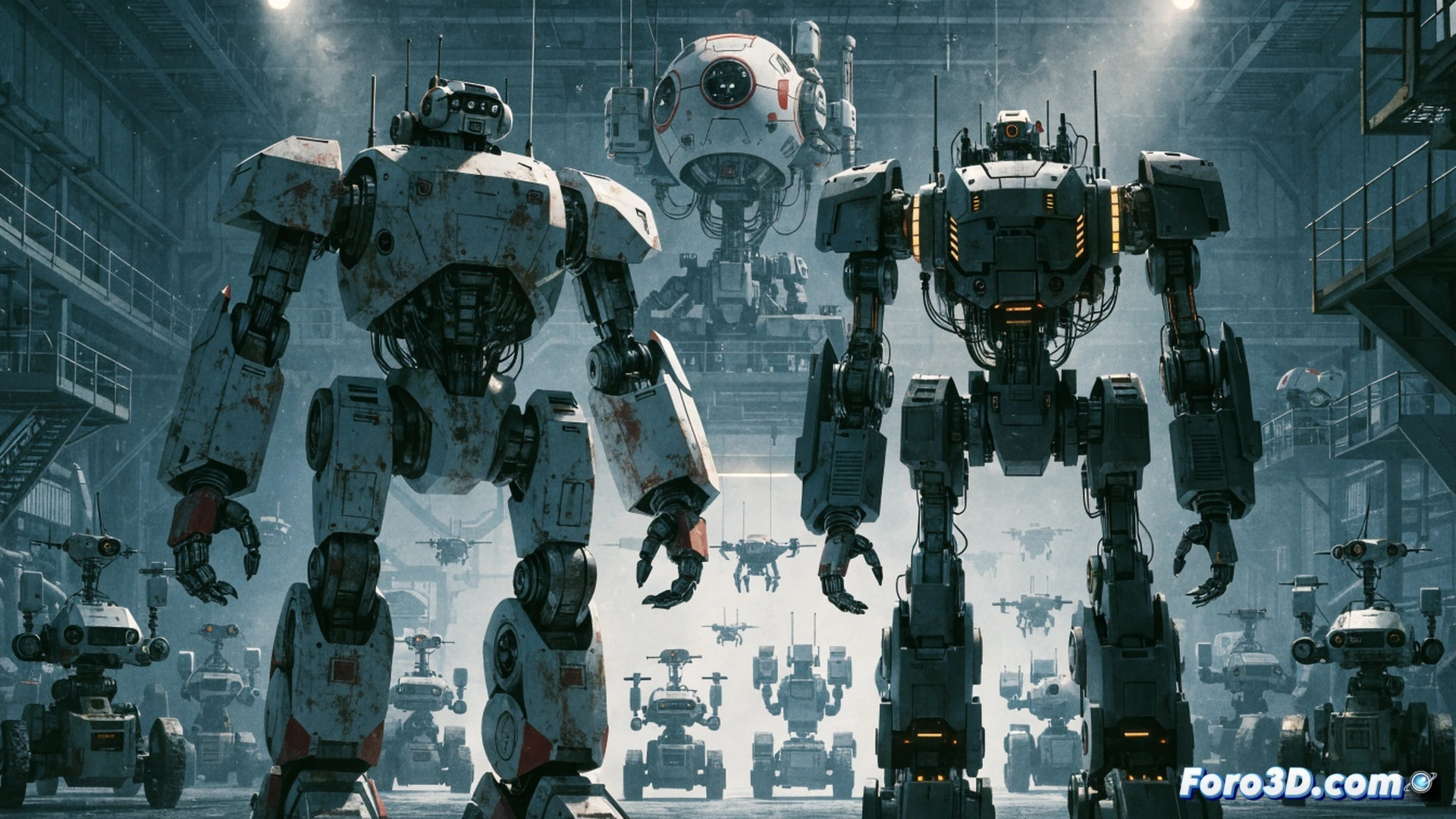 mecha police robot in rain-slicked city street at night, AV-98 Ingram unit mid-stride with arm cannon raised, holographic targeting interface projected from wrist, multiple mecha silhouettes visible in background fog, control room inset showing dual-screen tactical map with blinking waypoints and pilot simulation interface, LED status indicators on cockpit panel, cinematic cyberpunk aesthetic, dramatic blue and orange lighting, heavy rain droplets catching neon reflections, metallic surface wear and hydraulic joint details, photorealistic technical render, dynamic action pose