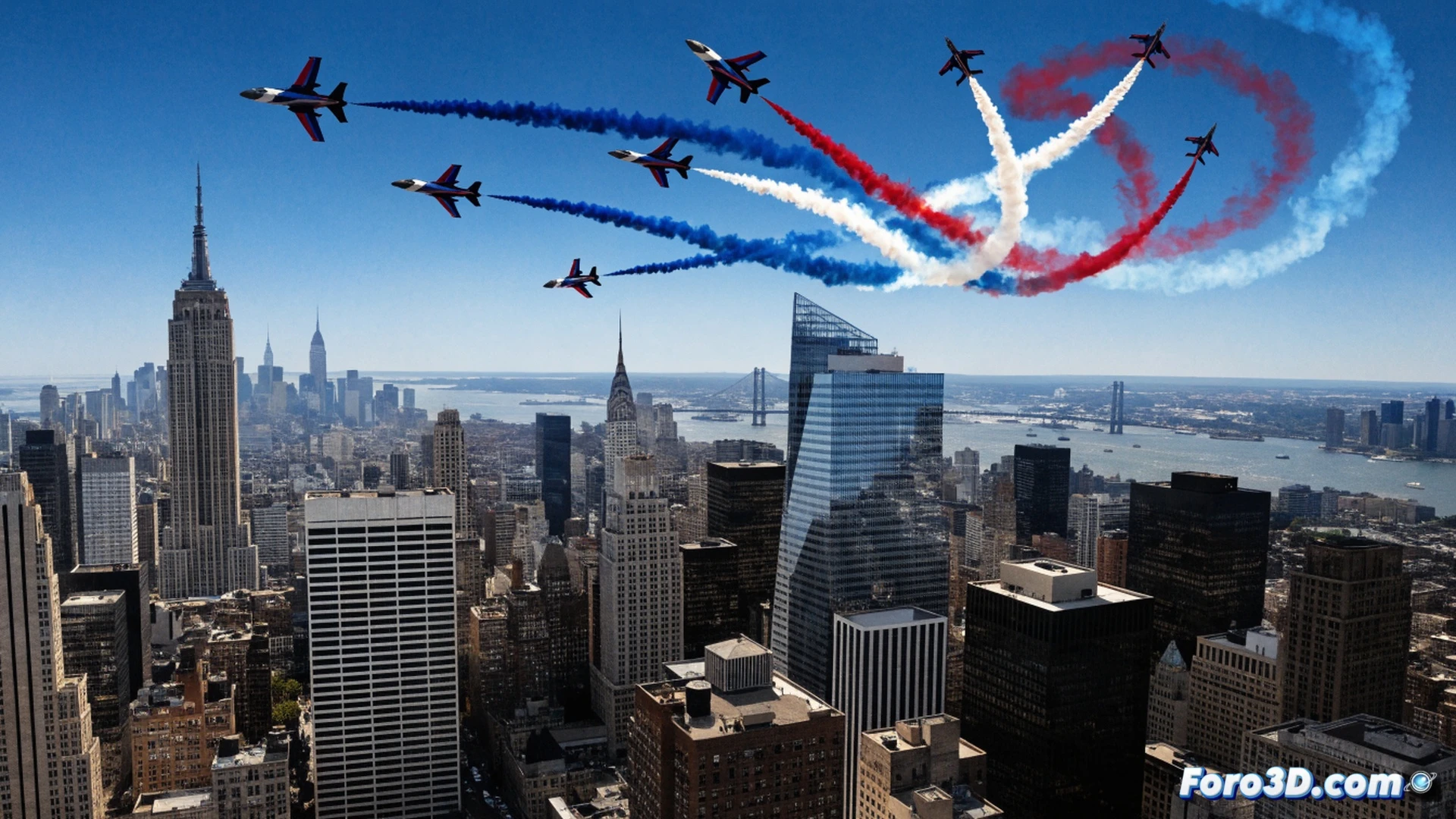 three Alpha Jets of the Patrouille de France in tight formation above Central Park, releasing blue, white, and red smoke trails against a clear Manhattan sky, skyscrapers and treetops visible below, technical aviation illustration, photorealistic engineering visualization, showing precise wingtip spacing and smoke nozzle action during the flyover, dramatic sunlight reflecting off metallic fuselages, high-contrast cinematic lighting, ultra-detailed cockpit and landing gear components, motion blur on propeller blades, crisp vapor trails forming a tricolor arc