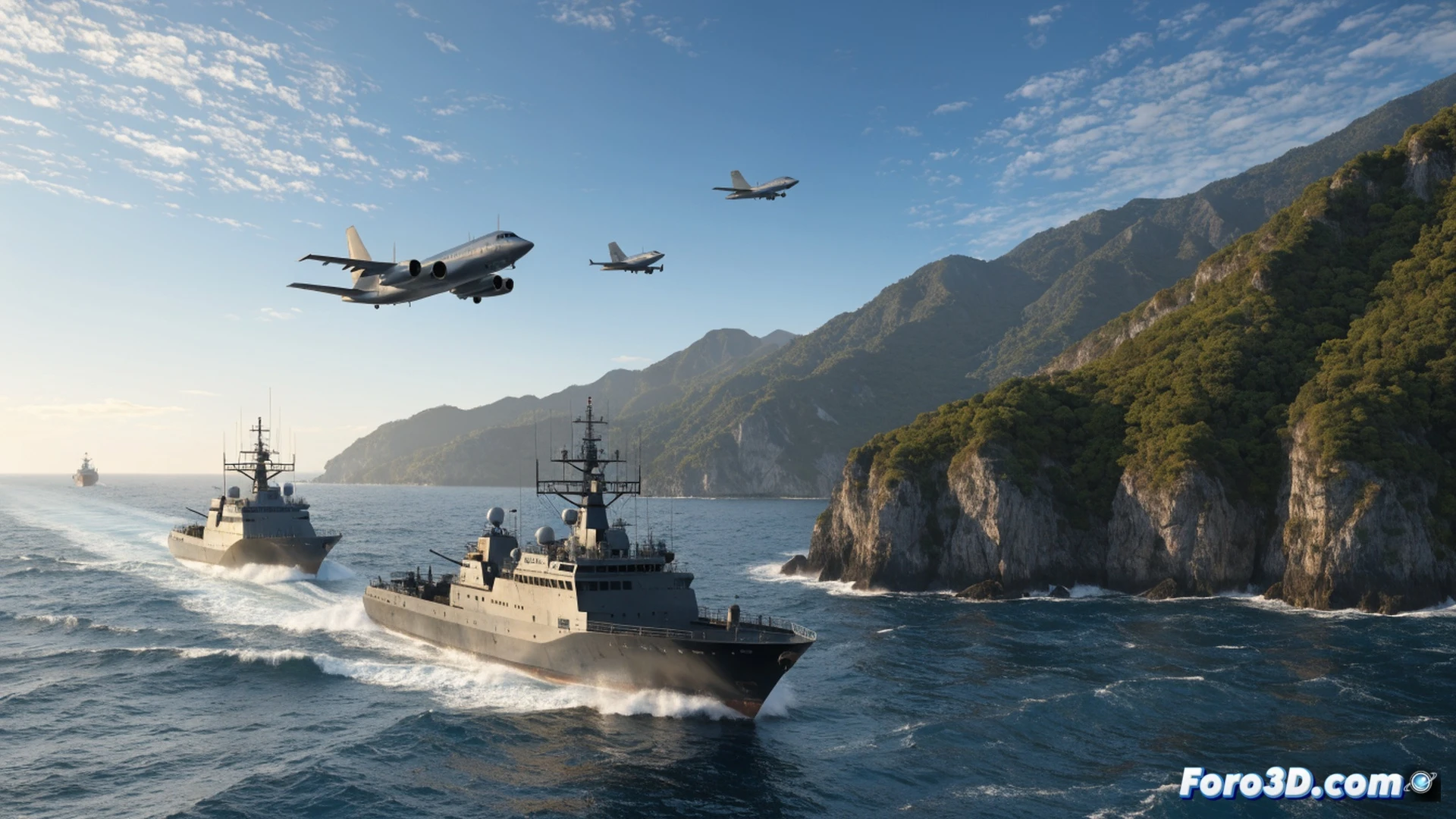Chinese coast guard vessel patrolling east of Taiwan waters at dawn, sharp hull cutting through dark blue waves, radar antenna rotating on deck, military surveillance drone flying overhead against orange horizon, cargo ship silhouette in distant haze showing disrupted trade route, tense atmosphere with metallic reflections on naval equipment, cinematic photorealistic engineering visualization, dramatic low-angle perspective, ocean spray catching golden sunlight, high-contrast industrial lighting emphasizing geopolitical tension, ultra-detailed maritime hardware, realistic wake turbulence simulation