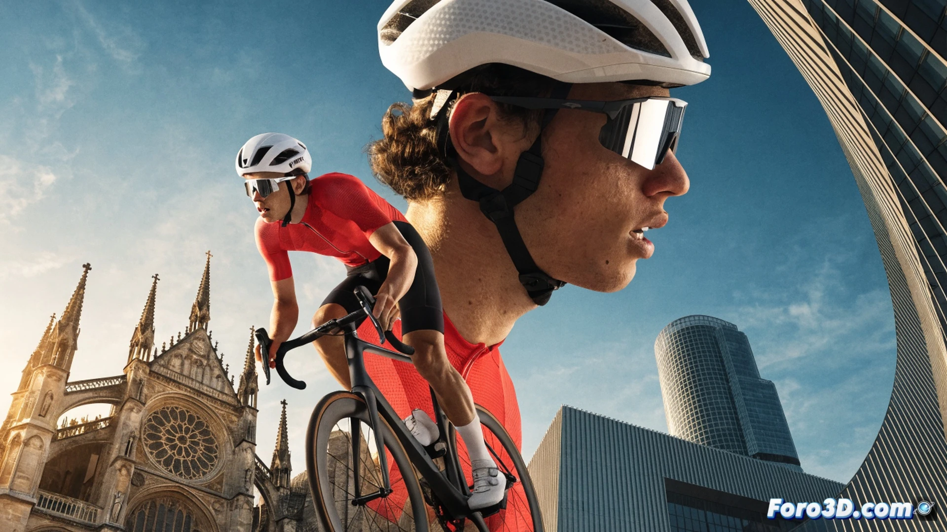joven ciclista francés subiendo un puerto de montaña con esfuerzo máximo, bicicleta de competición con cuadro de carbono ultraligero, plato y bielas de titanio pulido, casco aerodinámico integrado con visor, maillot blanco con detalles en azul, manos en el manillar de bajada, músculos tensos mostrando acción de pedaleo, gotas de sudor visibles, fondo de carretera alpina con curvas cerradas, sol bajo iluminando la escena, estilo cinematic photorealistic, profundidad de campo reducida, ligero desenfoque de movimiento en las ruedas, asfalto rugoso con textura detallada, nubes de tormenta al fondo, atmósfera épica de competición