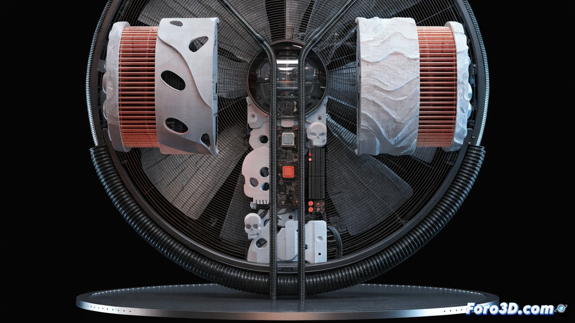 ventilador de pie industrial parcialmente desarmado sobre mesa de trabajo, carcasa metálica abierta revelando placa madre mini-ITX montada en la base, cables gestionados con abrazaderas impresas en 3D, disipador de CPU conectado a la estructura del ventilador principal, flujo de aire azul semitransparente circulando desde las aspas hacia los componentes, mientras un monitor muestra software de monitoreo térmico, herramientas Allen y destornilladores sobre la mesa, fondo de taller con luces LED, estilo cinematográfico fotorrealista, iluminación dramática de estudio, sombras nítidas, texturas metálicas detalladas, render técnico de ingeniería