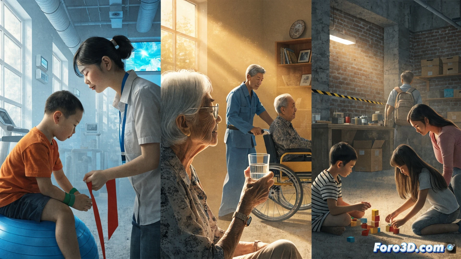 Photorealistic scene of a multi-generational community centre in Singapore, a young child with delayed development holds a tablet showing speech therapy app while a therapist guides hand movements, elderly individuals engage in active ageing exercises with resistance bands in background, social workers assist a family at a registration kiosk, bright interior with modular furniture, warm natural light through large windows, children's artwork on walls, technical illustration style showing inclusive care infrastructure, ultra-detailed textures on assistive devices and educational materials, soft focus on collaborative human interaction