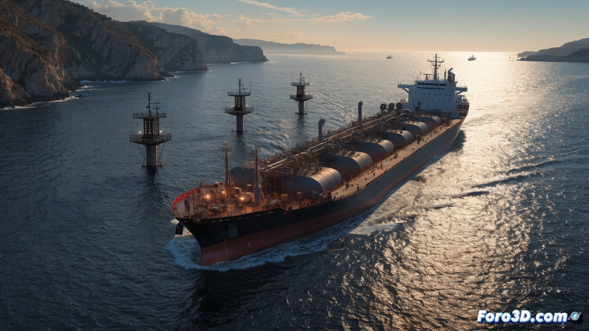 oil tanker navigating through narrow Strait of Hormuz, Iranian speedboats approaching with raised tariff documents, fuel pump nozzle dripping crude oil while price display glitches upward, cargo containers stacked on dock with price tags increasing in real-time, cinematic engineering visualization, photorealistic maritime scene, turbulent turquoise water churning around ship hull, dramatic sunset lighting casting long shadows, oil refinery silhouetted in background, mechanical details on tanker deck visible, realistic industrial atmosphere, ultra-detailed water reflections, technical illustration style