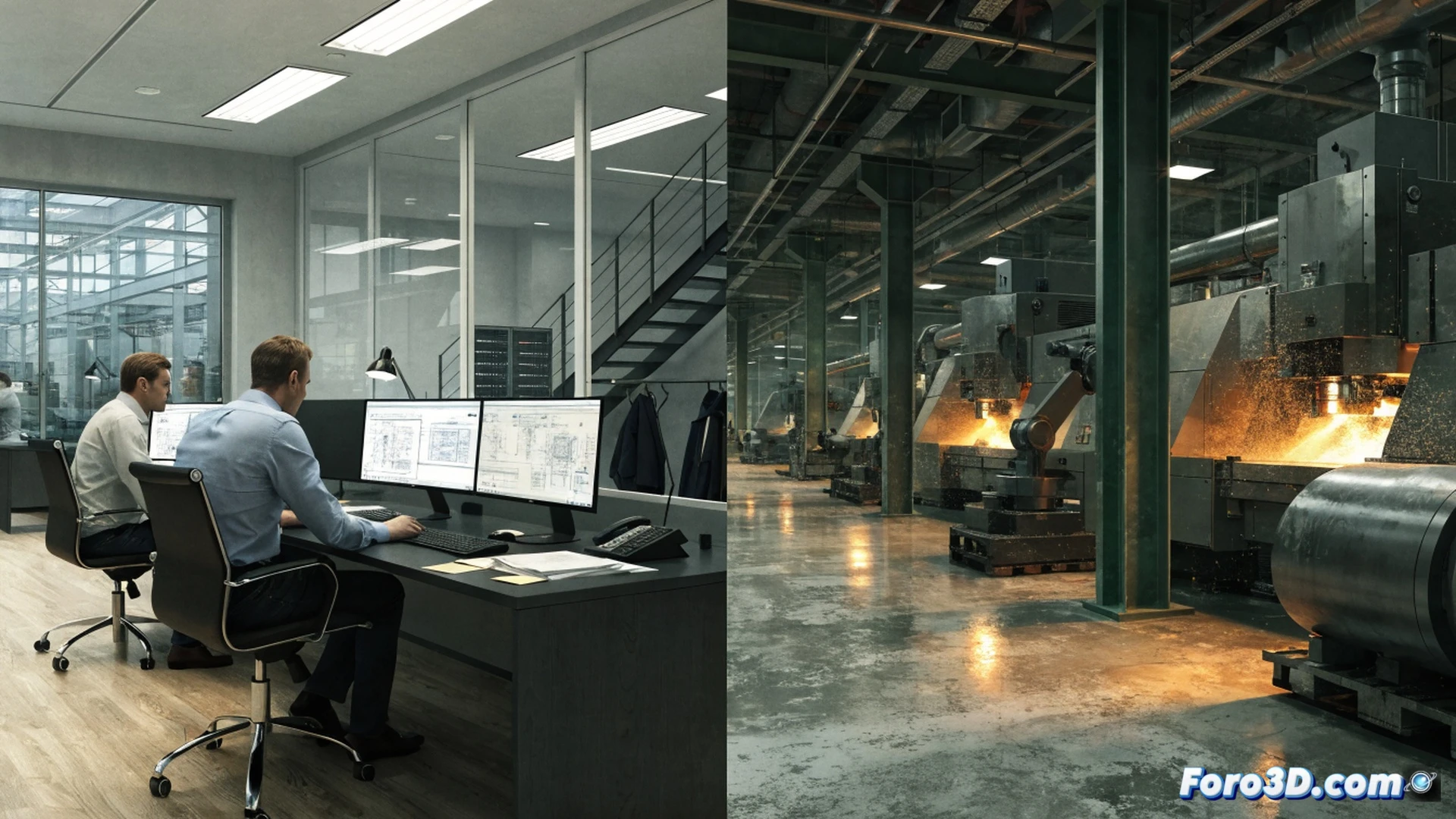 industrial factory floor scene, large CNC milling machine idle with cutting tool retracted, worker in safety vest observing a digital dashboard showing declining production graph, robotic arm frozen mid-motion over empty pallet, dust particles floating in dim blue workshop light, technical engineering visualization, metallic surfaces with subtle reflections, faint glow from 73% capacity indicator on screen, stark contrast between idle machinery and faint activity, photorealistic industrial render, cinematic depth of field, muted grey and steel tones