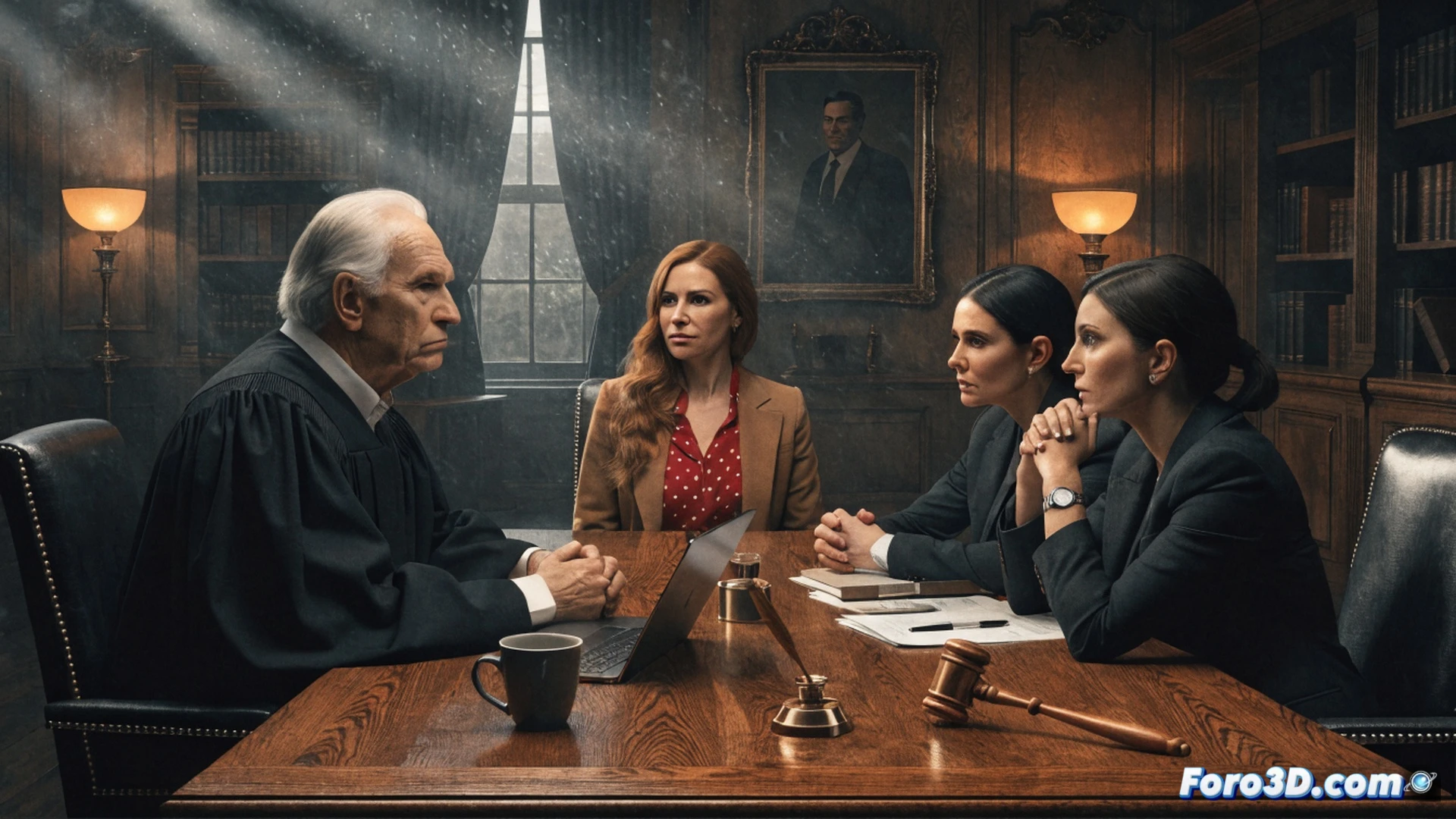 Cinematic courtroom scene, judge’s gavel mid-strike on wooden block, two prosecutors in suits standing before a witness chair, glowing digital document with seal emblem projected on a transparent screen showing meeting date July 15, shadowy figure in background behind blurred glass door labeled Fiscalía, photorealistic technical illustration, dramatic chiaroscuro lighting from overhead lamps, polished mahogany desk reflecting faint blue data streams, tension visible in clenched fists and stern expressions, ultra-detailed legal environment