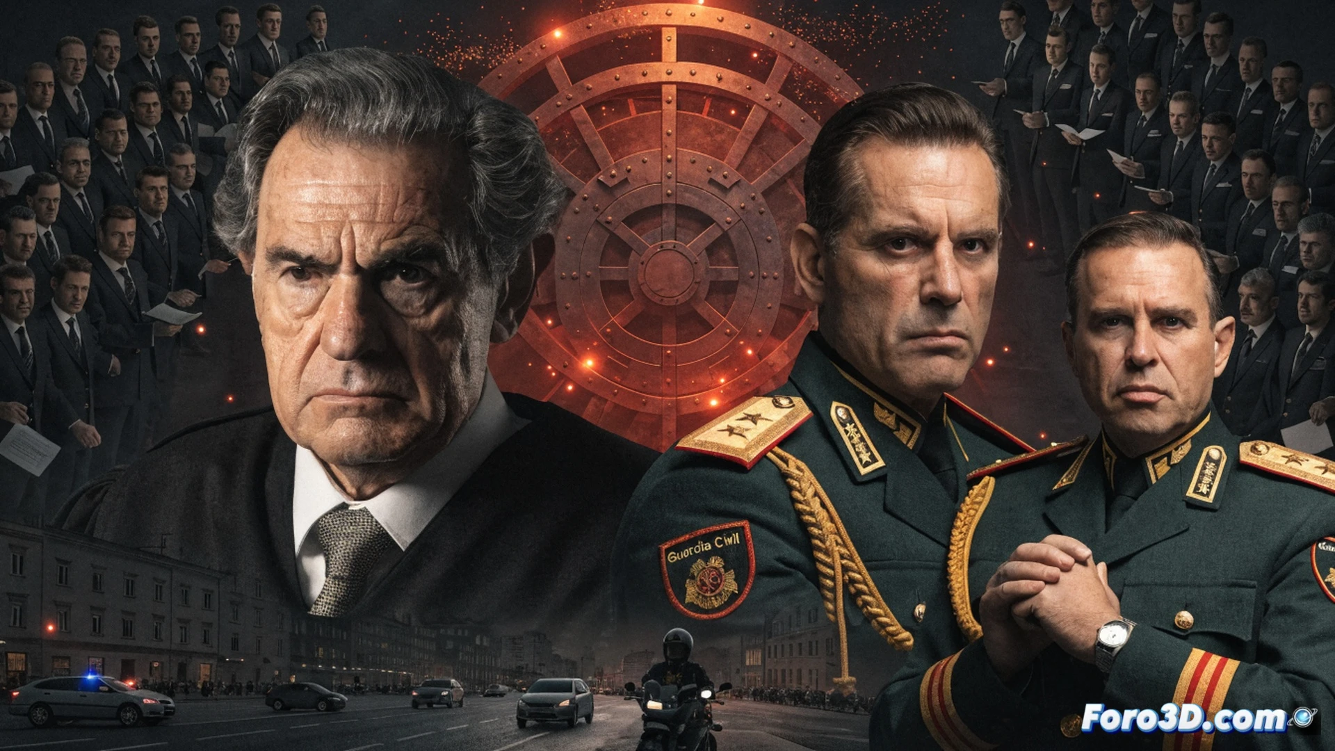 Photorealistic cinematic scene: a judge’s gavel striking a wooden desk next to a Guardia Civil emblem badge, while a digital tablet displays a classified file icon being crossed out by a red stamp, two uniformed high-ranking officers in the background turning away from a glowing evidence screen, dramatic shadows from venetian blinds, metallic handcuffs on the table edge, blurred police database terminals showing surveillance camera feeds being deleted, forensic toolkits open with unused gloves, cold blue and amber lighting, ultra-detailed textures on leather holsters and official documents, technical visualization of obstruction of justice.