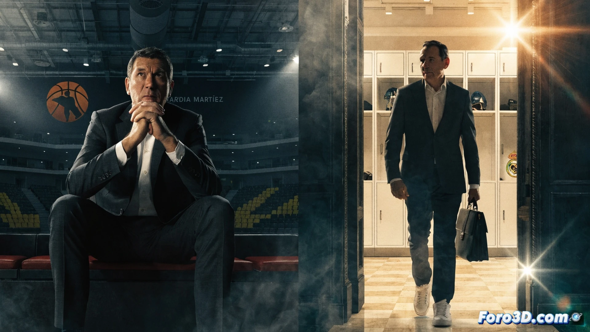 baloncesto cancha de juego, entrenador Pedro Martínez señalando jugadas tácticas en pizarra blanca digital, fondo con escudo Real Madrid y Valencia Basket difuminados, maleta deportiva abierta mostrando contrato firmado y reloj de arena contando tiempo, movimiento de fichas de ajedrez sobre mapa de España entre Madrid y Valencia, estilo cinematográfico photorealistic, iluminación dramática de estudio, profundidad de campo, textura de madera pulida del parqué, reflejos metálicos en la pizarra, sombras suaves, composición equilibrada mostrando transición de equipo