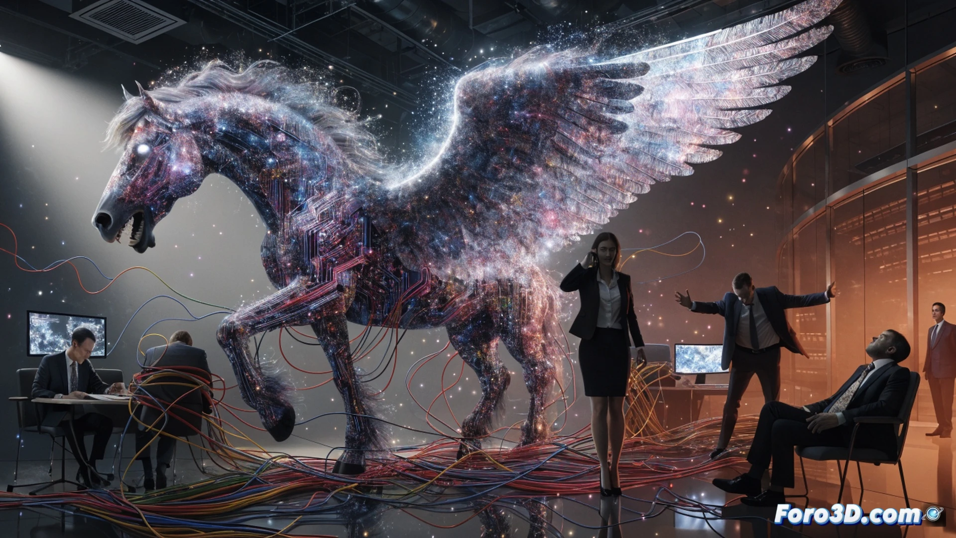 Photorealistic cinematic scene showing a sleek Pegasus spyware interface panel cracking from the inside, a hooded figure in a dark suit trapped within a glowing digital cage while holding a smartphone displaying surveillance data, holographic chains wrapping around the operator's wrists, shattered glass fragments of privacy shields floating mid-air, metallic server racks in background with blinking red warning lights, dramatic chiaroscuro lighting, ultra-detailed hardware components, tension visible in the figure's posture as the system recoils, engineering visualization style, cold blue and orange contrast.