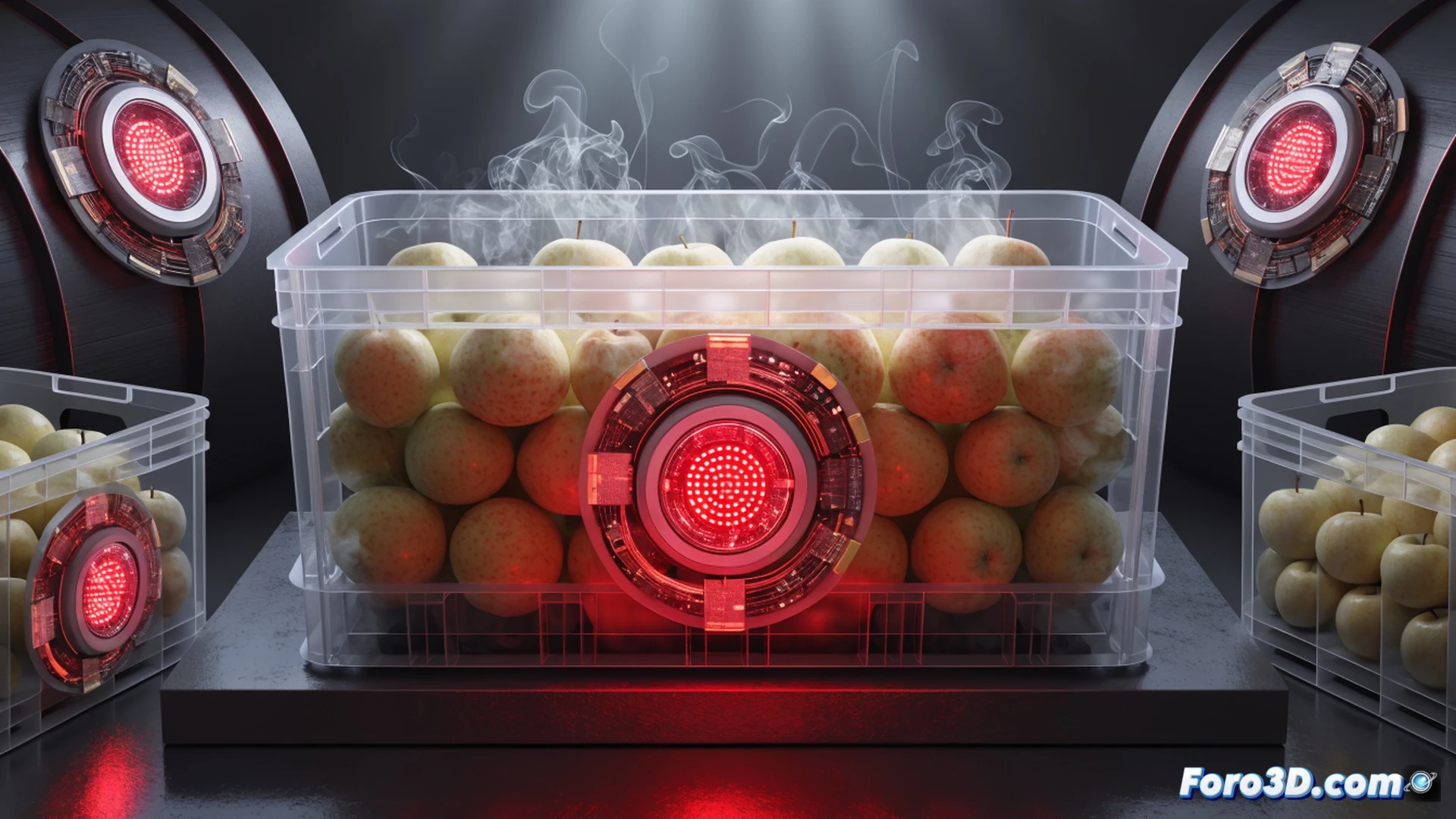 flexible infrared sticker sensor adhered to a cardboard food box, internal gases and thermal emissions analyzed as glowing heat maps and data waves emanate from the box, fresh fruit inside gradually shifting color from bright to dull during spoilage prediction process, engineering visualization style, translucent digital overlay showing days countdown, realistic food packaging textures, soft ambient lighting with blue and orange accents, ultra-detailed adhesive sensor surface with micro-circuit patterns, photorealistic technical illustration