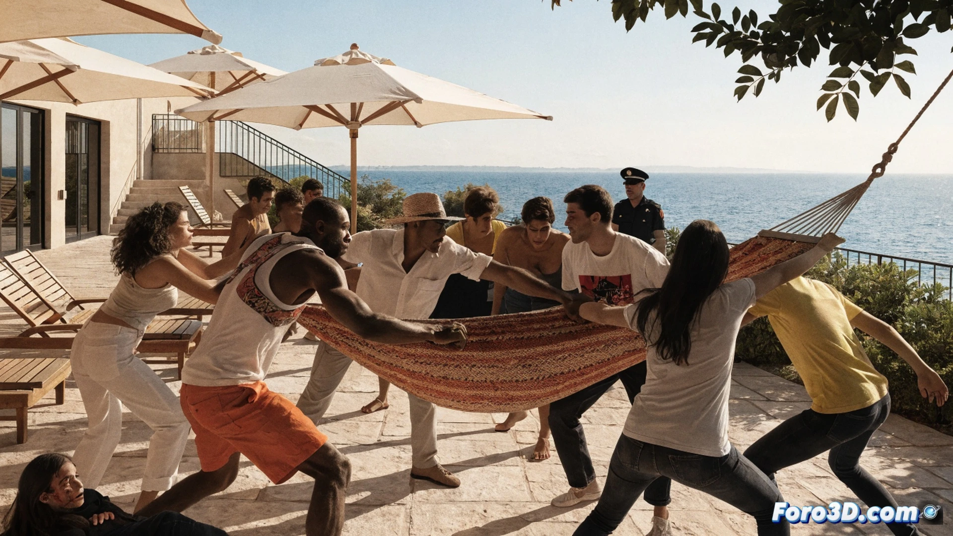Hotel poolside chaotic scene, two families arguing violently over a sun lounger, a teenage girl with a bleeding facial injury being pulled away by a parent, overturned sunbeds and scattered towels, security guards in uniform rushing in to separate the crowd, tourists watching in shock, bright midday sun casting harsh shadows, photorealistic cinematic style, dramatic tension in body language, hyper-detailed textures of skin and clothing, motion blur on fists and limbs, realistic Mediterranean resort architecture in background, no visible text or numbers