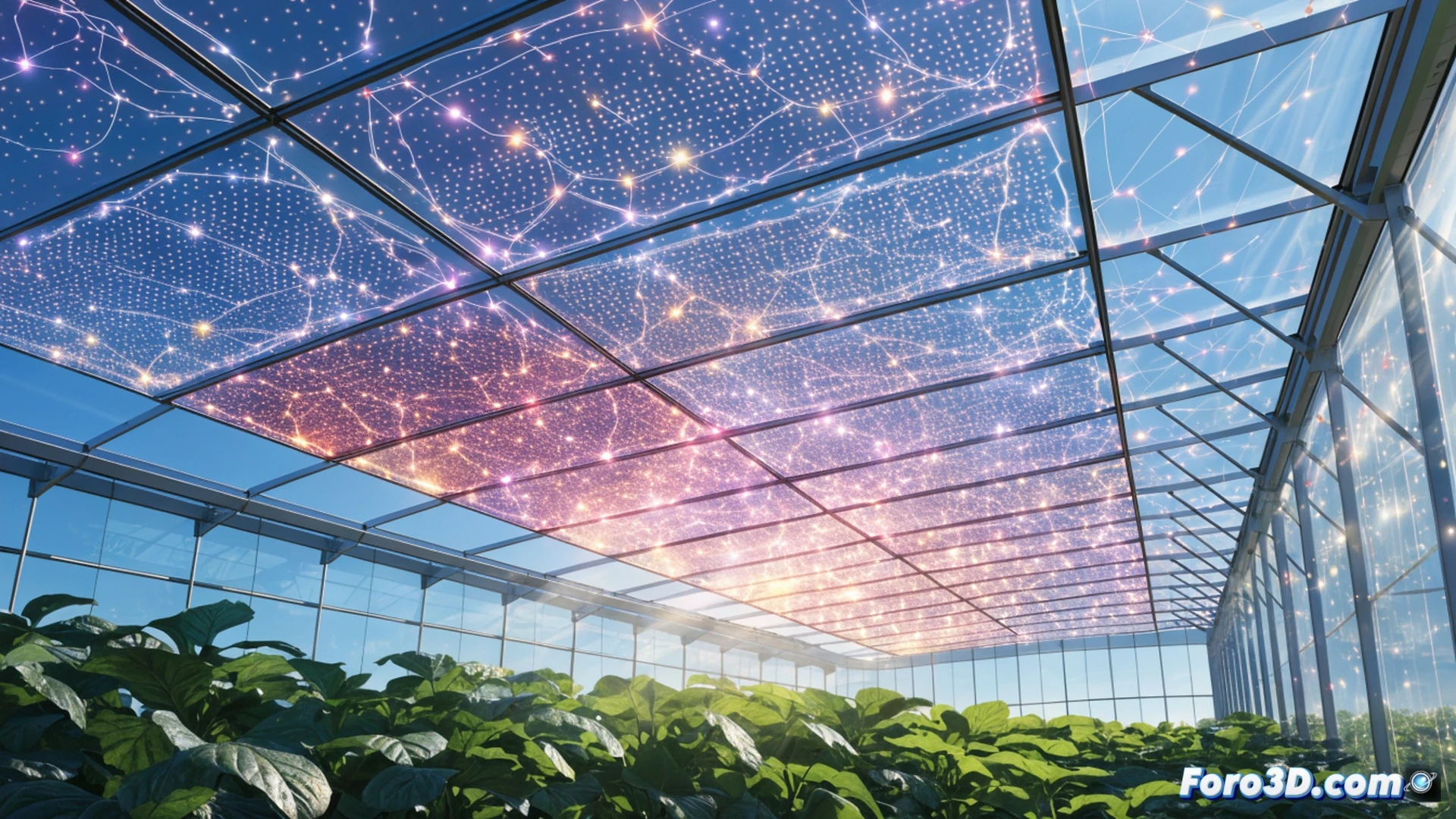 Photorealistic technical illustration of a greenhouse with transparent organic photovoltaic film on the roof, sunlight filtering through while plants grow below, glowing blue energy lines flowing from the film to a small inverter, spectral diagram showing UV and IR wavelengths being absorbed while visible light passes, leaves photosynthesizing normally, cross-section view of the film layers: transparent electrode, active organic layer, substrate, sunlight hitting the surface, energy harvesting process visible, bright natural daylight, green foliage, clean modern agricultural setting, cinematic engineering visualization, ultra-detailed material textures