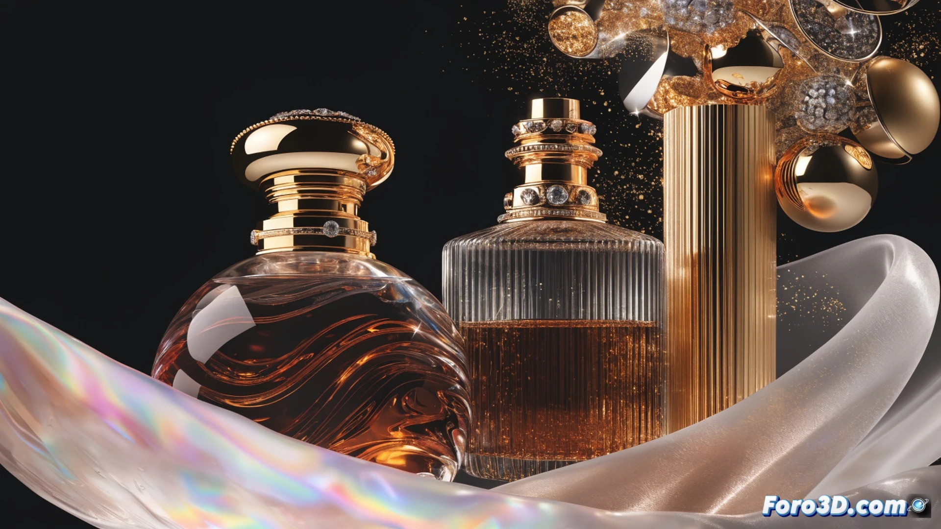 Luxury perfume bottles arranged on a reflective glass production line, robotic arms precisely spraying fragrance mist onto tester strips while golden liquid swirls inside transparent vials, high-speed filling machinery operating in the background, glowing holographic market growth charts projected above the assembly area, Chanel and Dior flacon silhouettes emerging from luminous vapor, cinematic technical illustration, polished chrome surfaces, soft studio lighting with amber highlights, hyper-detailed glass refraction, motion blur on robotic components, photorealistic engineering visualization
