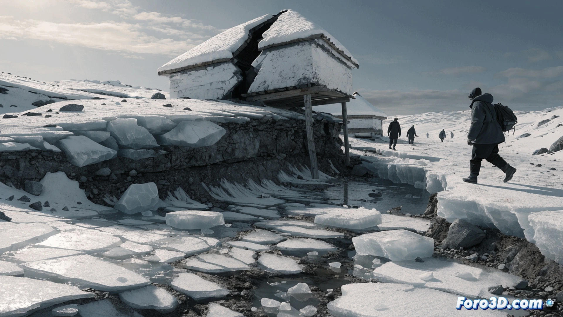 Inuit elder standing on cracked permafrost ground beside a tilted wooden house, foundation sinking into muddy thaw slumps, exposed ice wedges melting beneath, thermokarst lake forming in background, broken pipes and tilted fence posts showing structural damage, arctic tundra landscape with eroding shoreline, dramatic overcast sky, cinematic photorealistic documentary style, ultra-detailed soil textures, frost heave patterns, climate change impact visualization, warm golden hour light contrasting with cold blue ice, high resolution environmental photography