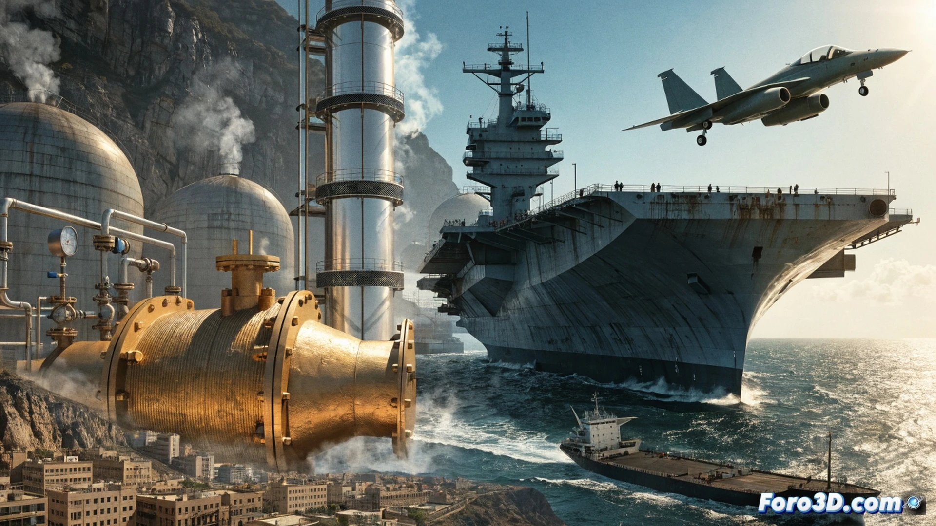 oil refinery pipes and valves at sunset, a hand gripping a gas pump nozzle with a rising price display behind it, crude oil droplets morphing into dollar signs falling onto a cracked globe between Iran and USA flags, photorealistic technical illustration, cinematic lighting with warm amber tones and deep shadows, high-contrast metal reflections on industrial machinery, hyper-detailed fuel gauge needle moving sharply upward, ominous storm clouds gathering over oil derricks in the background, financial chart lines glowing red across the scene, action of economic pressure crushing a household piggy bank under a dark oil slick, engineering visualization with precise mechanical components and fluid dynamics
