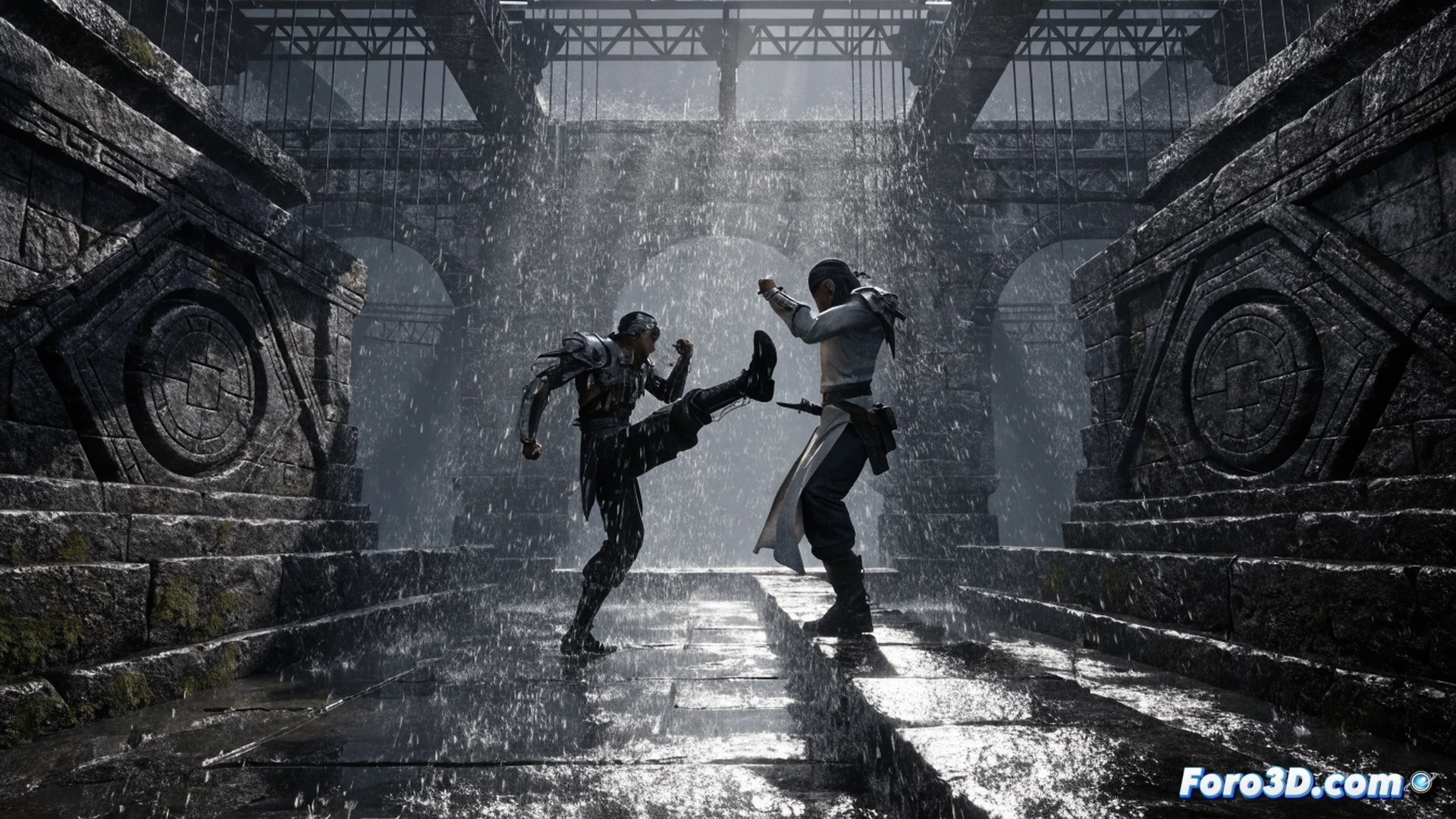 kungfu warrior in dark wet alley, rain-slicked stone pavement reflecting neon blue and red lights, crouched in combat stance with a curved blade, water splashing from a sudden foot stomp, glowing moisture droplets suspended in air, Unreal Engine 5 cinematic visualization, photorealistic wet surfaces, metallic blade with water rivulets, dramatic side lighting through falling rain, mist rising from heated body, hyperdetailed stone brick texture, puddle ripples during motion, dark cyberpunk atmosphere with martial arts tension, technical game engine render