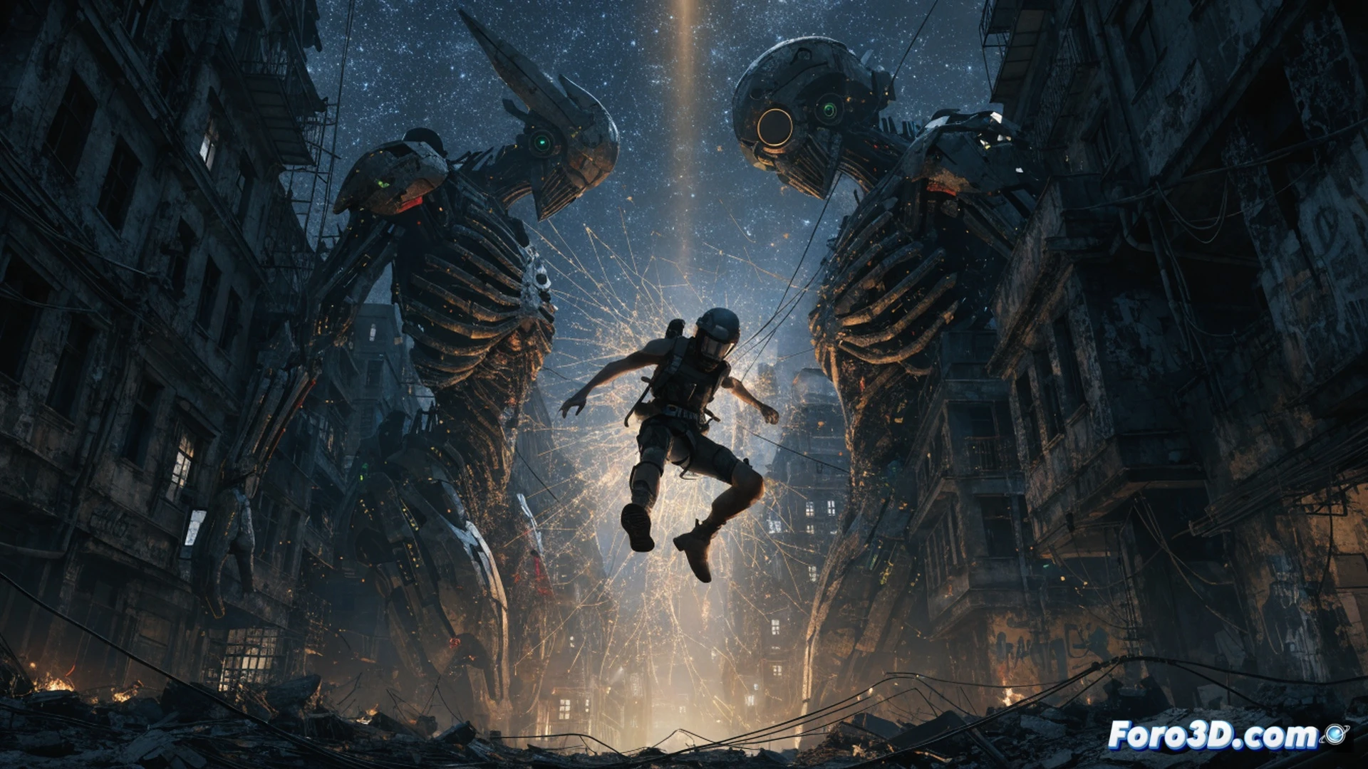 Photorealistic cinematic scene of a humanoid figure standing at the threshold between a film set and a game engine, left side showing a physical camera rig with film reels and a director's chair, right side revealing a wireframe 3D render environment with floating polygons and a game controller, the figure's body half-flesh half-digital mesh dissolving into particles, motion blur around the transition zone, glowing volumetric light splitting the frame, ultra-detailed skin texture on one side, metallic reflective surfaces on the other, hybrid aesthetic blending celluloid grain with real-time rendering artifacts, dramatic chiaroscuro lighting, technical illustration style with visible shader nodes and motion capture markers floating in the air