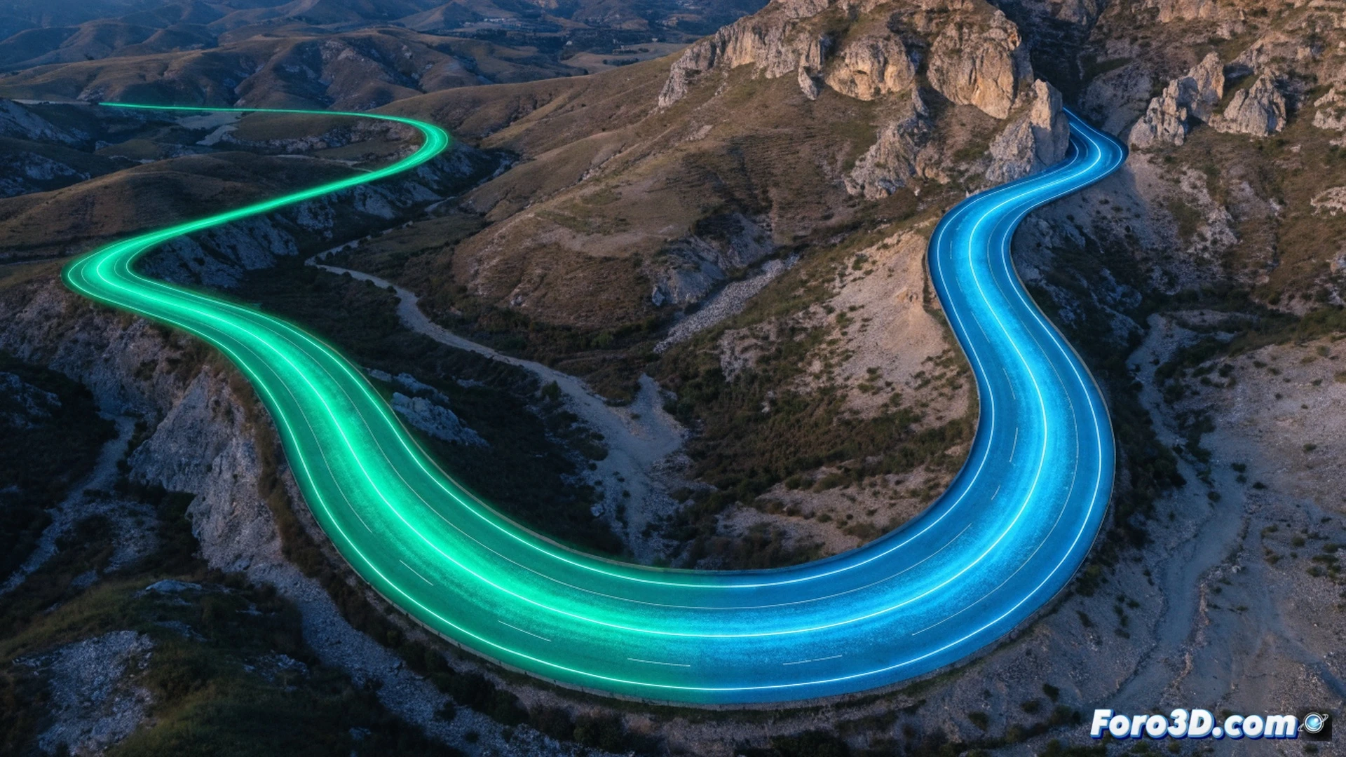night road scene with a dark asphalt surface glowing in bright green and blue stripes, a truck driving over the luminous lane markings without headlights, sunlight fading at the horizon while the coating absorbs the last rays, photorealistic technical illustration, macro detail of the road texture showing embedded photoluminescent particles, cross-section diagram of the coating layers absorbing UV light during the day and emitting photons at night, no text or labels, cinematic lighting with twilight sky, realistic asphalt grain, glowing paint droplets in mid-air during a roller application process, engineering visualization style