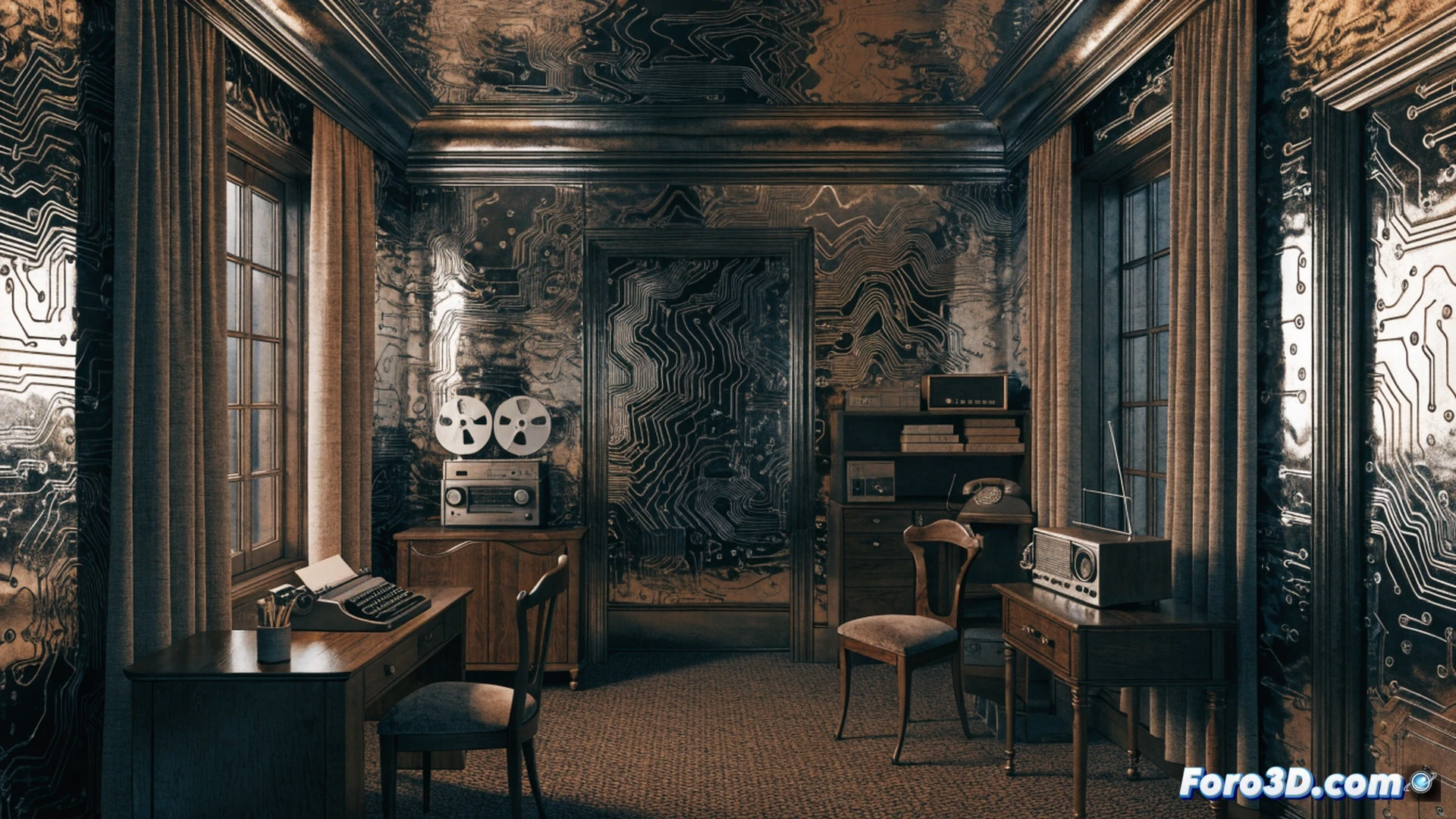 Photorealistic technical illustration of a room interior being painted with electromagnetic shielding paint, paint roller applying dark metallic coating on white wall, visible Wi-Fi signal waves fading and breaking apart during application, smartphone showing disconnected network icon on screen, signal strength meter dropping to zero, laptop with network scanning software displaying blocked frequencies, concrete room with minimal furniture, engineering visualization style, precise brush strokes showing conductive particles in paint, dramatic side lighting highlighting metallic sheen, ultra-detailed paint texture, cinematic industrial atmosphere, demonstrating process of creating analog safe space