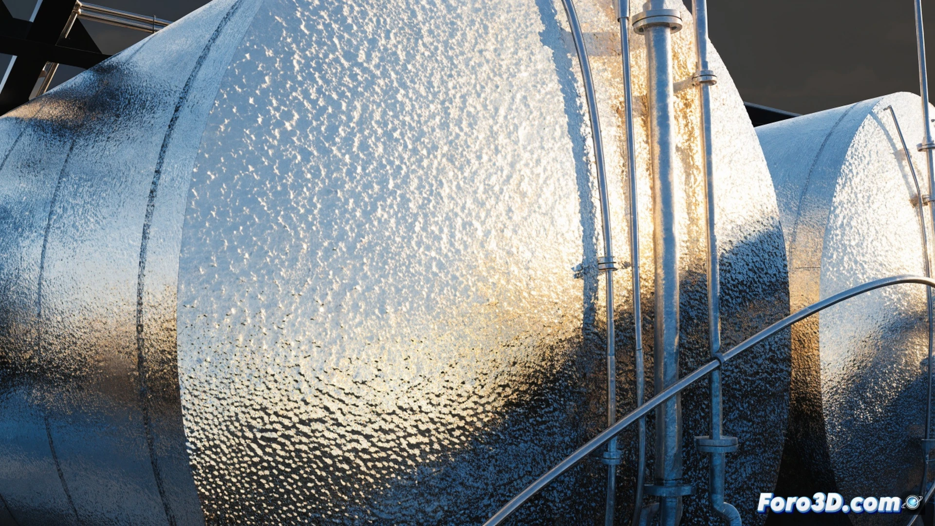 large industrial fuel tank exterior, white thermochromic paint transitioning to dark blue on sun-exposed side during midday heat, surface temperature gradient visible as color shift boundary moves across curved metal wall, solar radiation reflecting differently from each section, passive cooling action demonstrated, no text or numbers, photorealistic technical illustration, bright sunlight casting sharp shadows, metallic tank with riveted seams, vapor recovery pipes on top, subtle heat haze effect above darker painted area, hyper-detailed paint texture showing color-change edge, engineering visualization style, industrial outdoor environment, clear blue sky background
