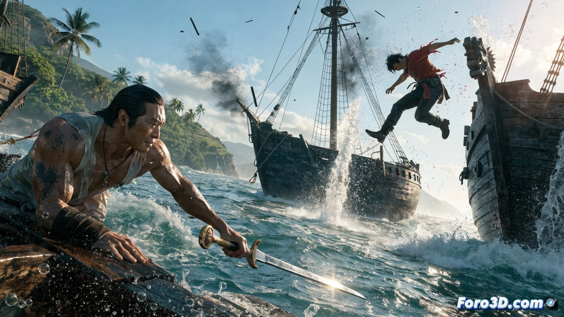 tropical pirate ship crashing through crystal-clear Hawaiian waves during naval combat, water physics simulation with realistic foam trails and spray particles, sunlight blazing through humid air creating intense lens flares, protagonist with wet skin shader on deck swinging cutlass, Dragon Engine rendering urban coastline with palm trees and hotels in background, photorealistic cinematic action scene, high-contrast lighting from equatorial sun, water droplets on camera lens, detailed ship rigging and cannon smoke, motion blur on swinging weapons, ultra-realistic ocean surface with dynamic reflections