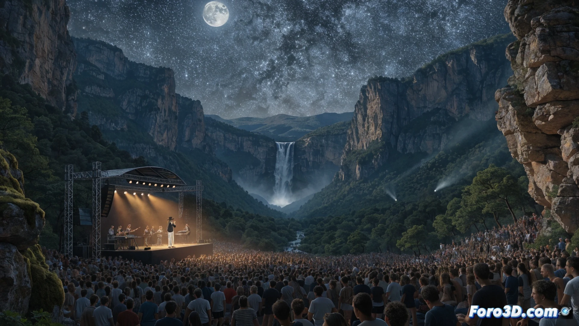 Rubén Blades performing on stage at Pirineos Sur festival, microphone in hand while singing salsa with intense emotion, abstract musical notes transforming into flowing river currents and migrant silhouettes behind him, stage lights casting dramatic shadows over a mixing console and amplifier stack, cinematic photorealistic concert photography style, warm amber and deep blue lighting, crowd silhouettes visible in foreground, smoke haze catching light beams, ultra-detailed texture on guitar strings and brass instruments, motion blur on dancing audience members
