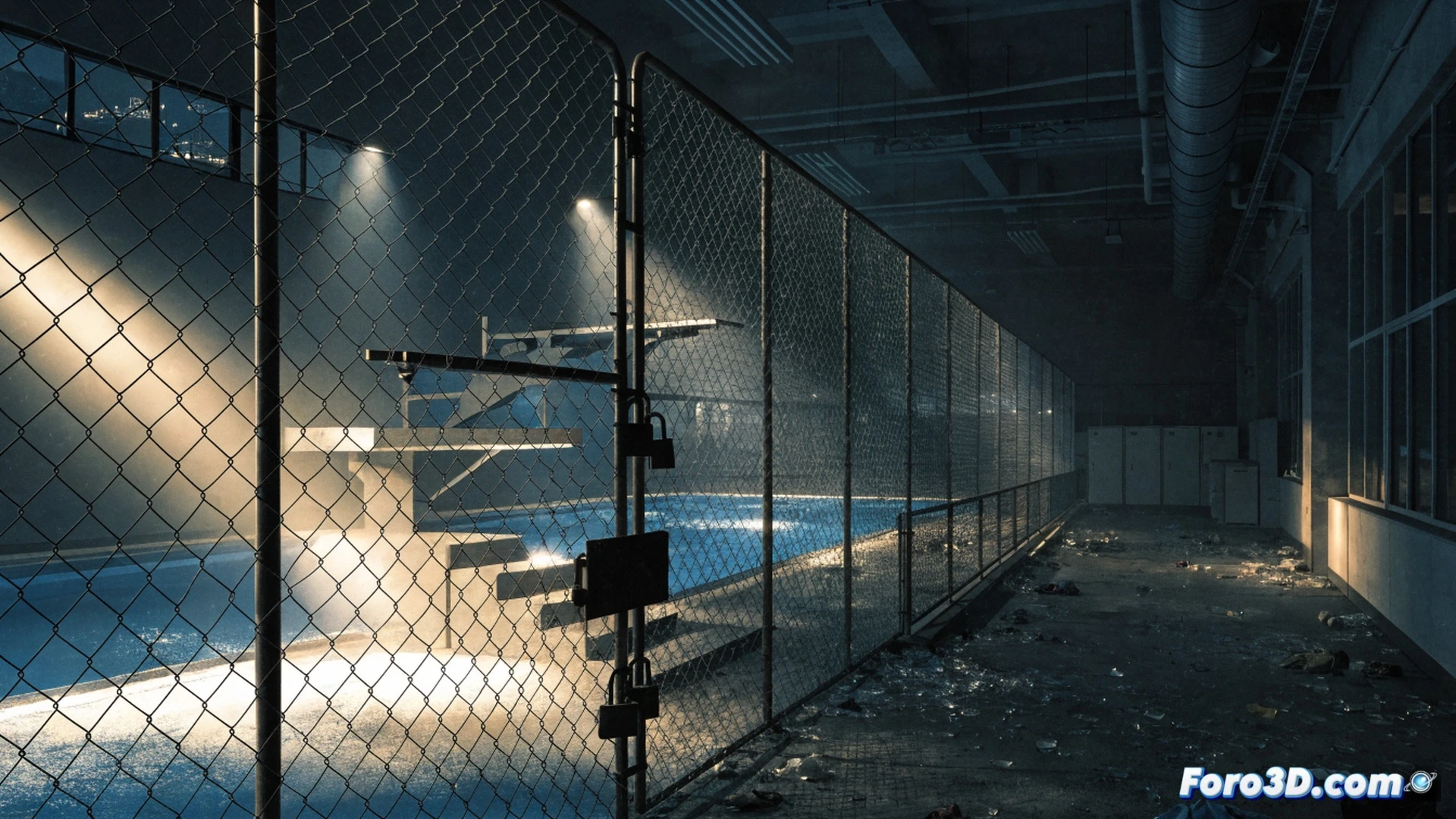 Aerial view of a municipal pool complex at dusk, chain-link fence torn open, scattered plastic bottles and broken lounge chairs on dry concrete, a lone security camera with a smashed lens hanging from a pole, pool water surface covered in floating debris and leaves, no swimmers present, closed sign on the main gate, cinematic photorealistic style, warm golden sunset light contrasting with dark shadows, empty lifeguard chair, neglected maintenance tools near the pump room, ultra-detailed textures of rusted metal and cracked tiles, dramatic wide-angle shot emphasizing abandonment and vandalism aftermath