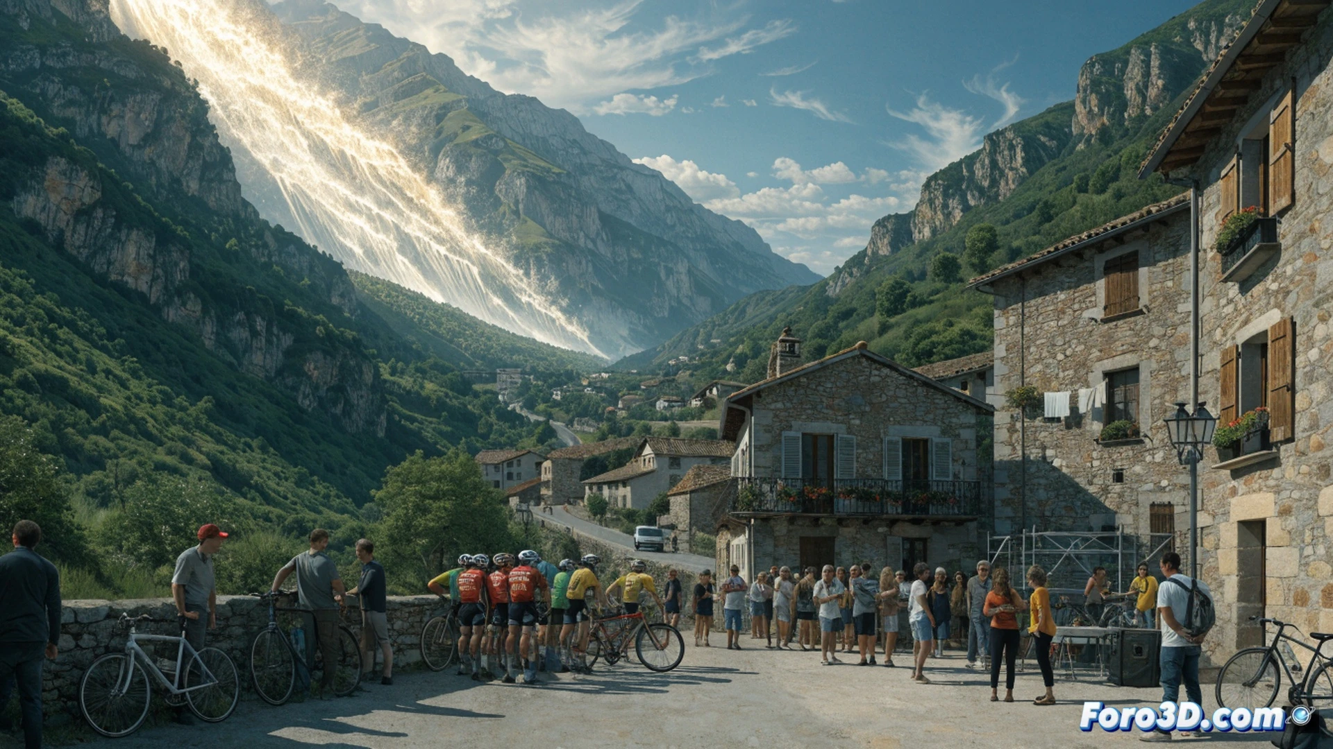aerial view of a small Catalan mountain village with narrow cobblestone streets, residents setting up temporary metal barriers and timing gates for a cycling time trial, dozens of spectators on balconies and rooftops, a professional cyclist in motion climbing a steep curved road, mechanical support vehicles with spare wheels and toolkits parked nearby, cinematic photorealistic visualization, golden afternoon sunlight casting long shadows, dramatic mountain backdrop, ultra-detailed textures of stone buildings and asphalt, realistic crowd density, high-contrast dynamic lighting