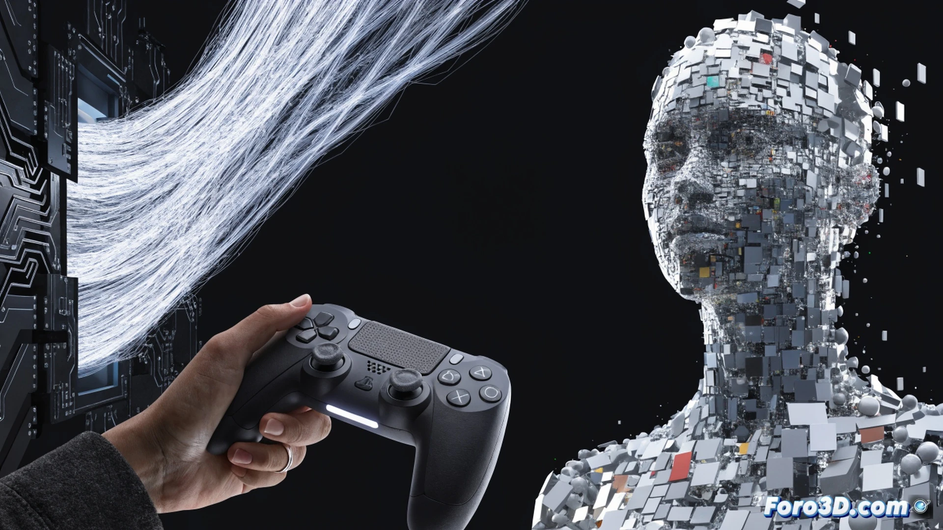 PlayStation 5 console with a digital-only game disc tray welded shut, a gamer’s hand holding a controller while a transparent digital game box slips through fingers and dissolves into server cables, another hand trying to resell the same box but hitting a paywall firewall, corporate server racks glowing red in the background, chains labeled EULA wrapping around the console, cinematic photorealistic technical illustration, dramatic low-key lighting, metallic reflections on hardware, cold blue and red industrial tones, ultra-detailed plastic textures, visible padlock icons on digital storefront interface