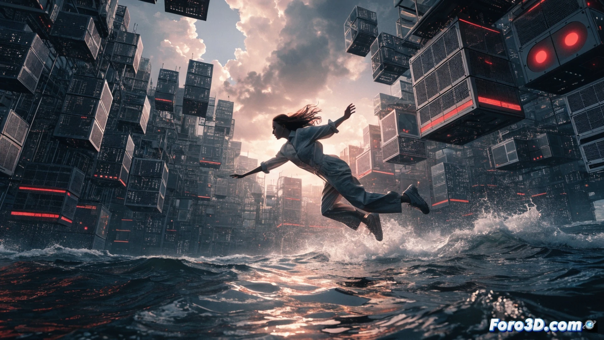 Cinematic scene of a person mid-dive into ocean waves from a rocky shore, a vintage Polaroid camera resting on wet sand nearby, while glowing data cables snake from a distant server farm into the water, sucking the sea into transparent pipes, blue digital particles rising like vapor, analog film strip floating in the air, photorealistic engineering visualization, dramatic sunset lighting, high contrast, motion blur on splash, ultra-detailed texture of salt spray and metallic server racks on horizon, technical illustration style