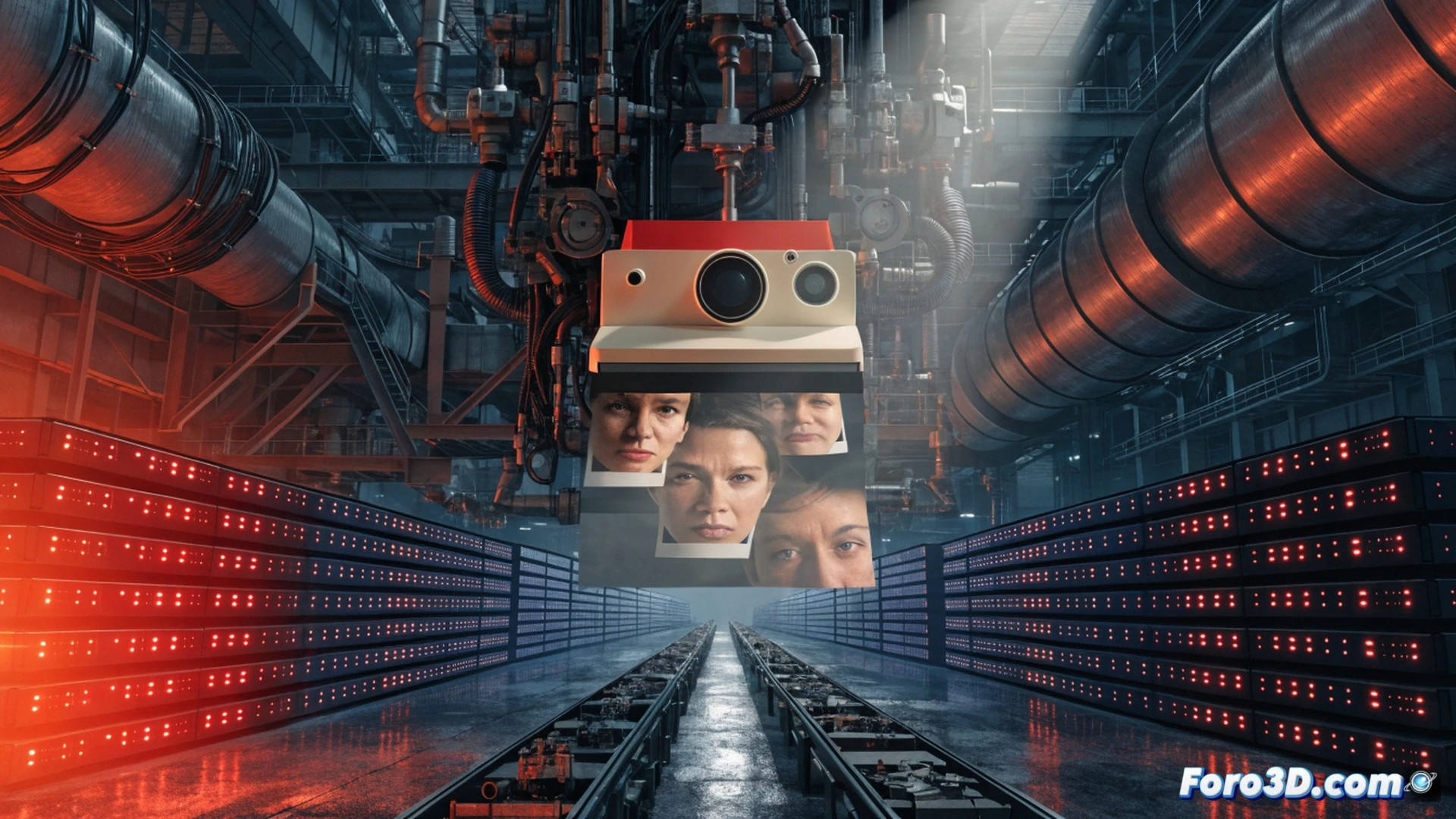 Polaroid camera factory assembly line, robotic arms placing analog film packs into cardboard boxes while holographic cloud server diagrams float above workers heads, conveyor belt moving through a server room filled with blinking blue LED racks, workers unboxing digital tablets to scan barcodes on retro cameras, cinematic industrial lighting, steam rising from cooling towers visible through factory windows, photorealistic engineering visualization, contrast between vintage plastic casings and modern fiber optic cables, motion blur on spinning film reels, ultra-detailed mechanical gears next to glowing network switches