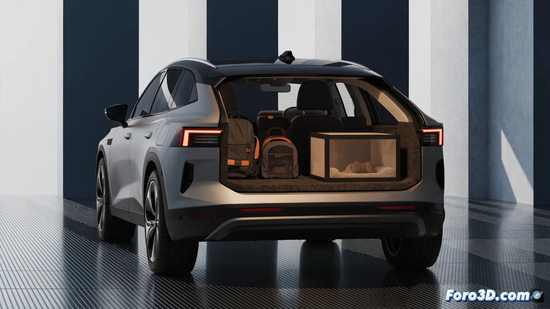 Polestar 4 rear window installation process, family SUV being loaded with dog crate and luggage through expanded trunk opening, engineers demonstrating new glass panel fitting into metallic frame, technical illustration style, bright Scandinavian workshop lighting, clean white body panels, open hatchback revealing spacious cargo floor with modular dividers, motion blur on assembly arms, photorealistic automotive engineering render, sleek minimalist interior visible through side windows